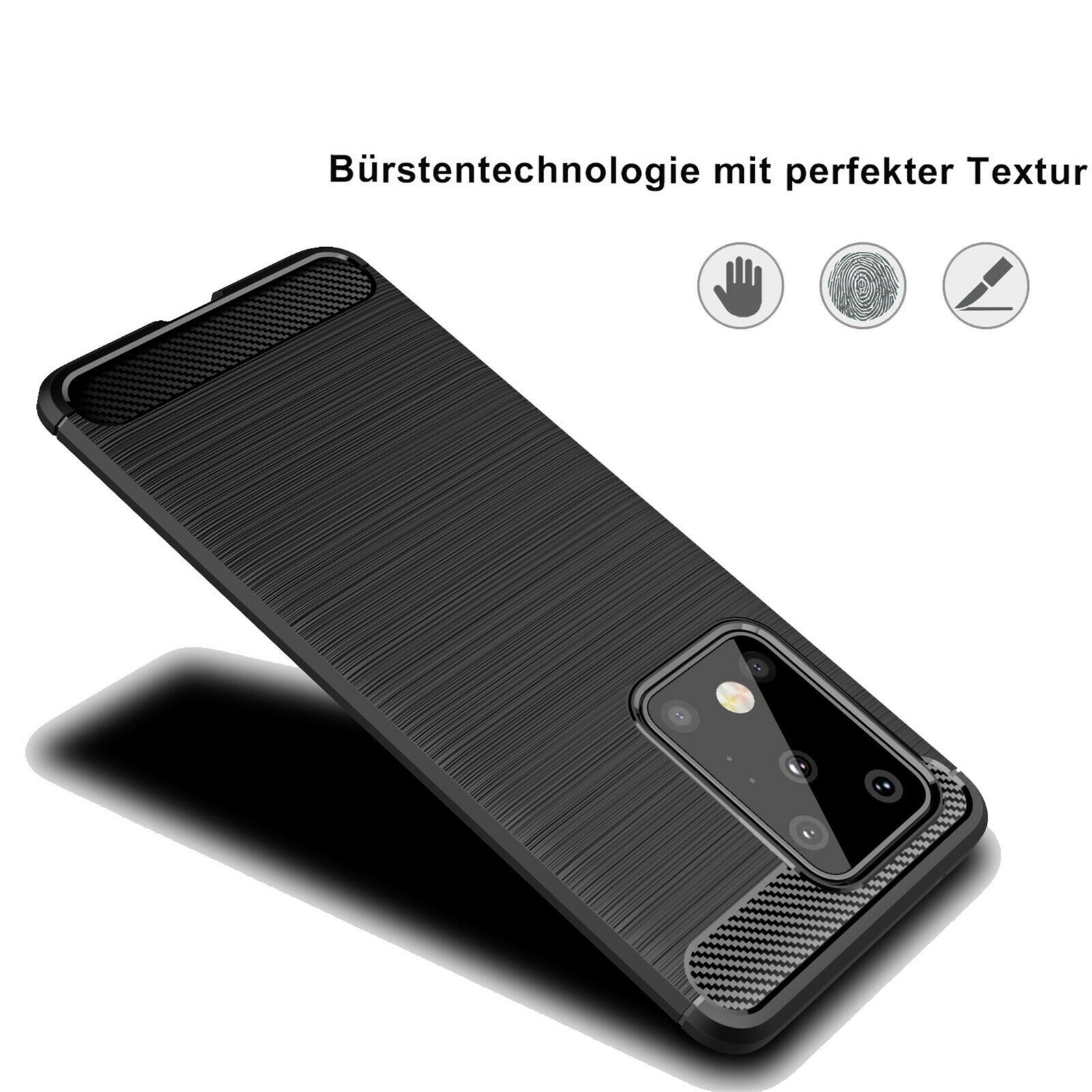 betterfon Handyhülle Carbon Hülle für Samsung Galaxy S20 Ultra Backcover TPU Schwarz, Carbon-Look – stoßfestes Case mit Air-Cushion & Metall-Optik