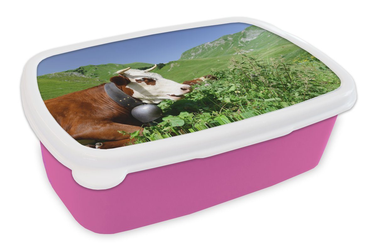 MuchoWow Lunchbox Kuh - Pflanzen - Berg, Kunststoff, (2-tlg), Brotbox für Erwachsene, Brotdose Kinder, Snackbox, Mädchen, Kunststoff rosa