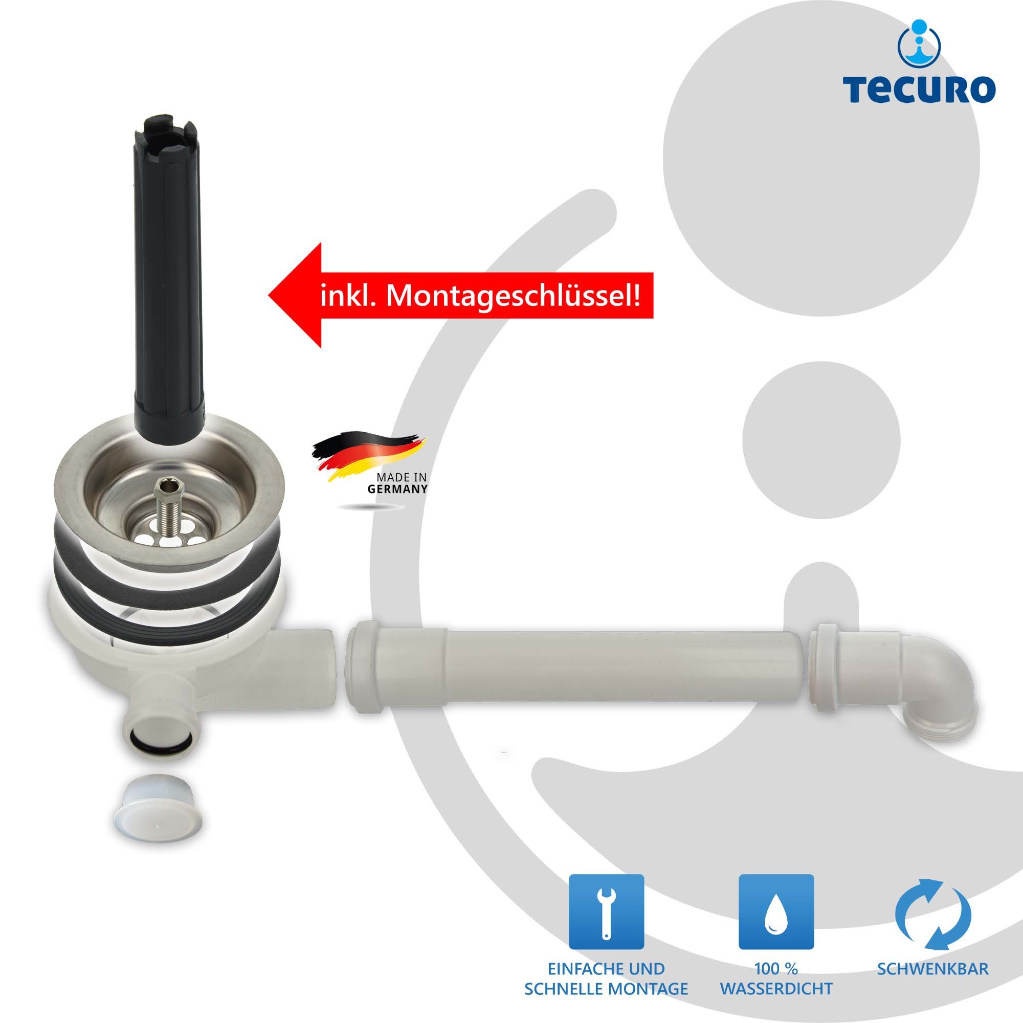 tecuro Siphon Spülen-Siebkorbventil Ø 114 mm (3 1/2 Zoll) mit Raumsparabgang und GA – Bild 3 von 5