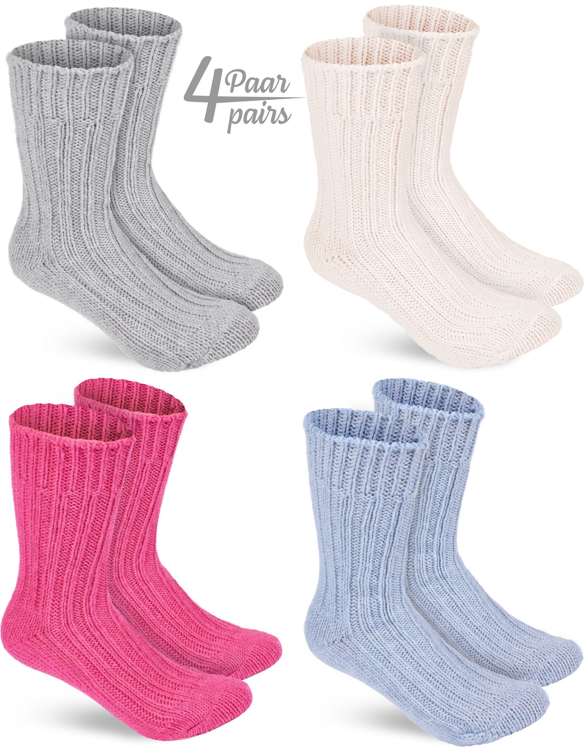 BRUBAKER Socken Wollsocken Set - Warme Wintersocken für Damen und Herren (4-Paar, Winter Stricksocken) Flauschiges Thermosocken Set mit Schafwolle