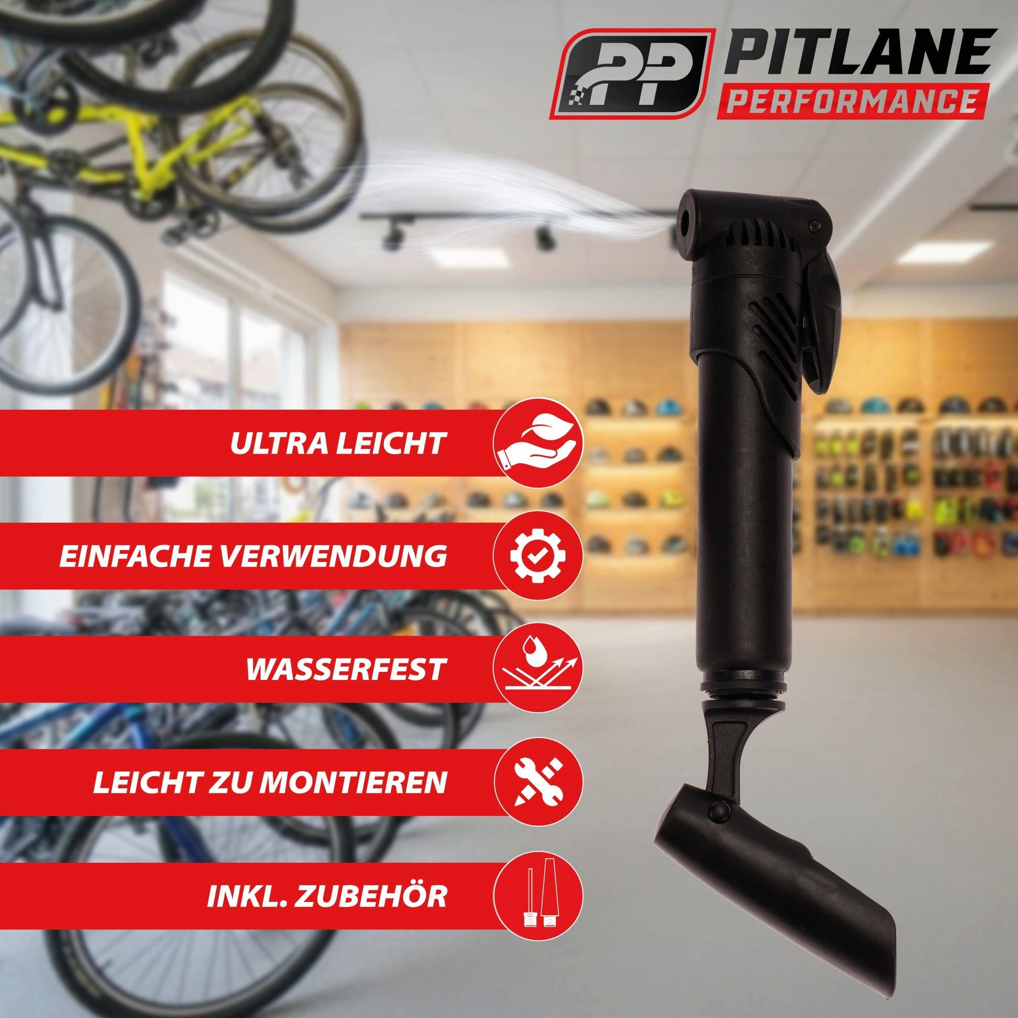 Pitlane Performance Fahrradpumpe Fahrrad-Handpumpe Luftpumpe inkl. Halterung + Zubehör Basic Schwarz 20, Universal Mini Bike Pump inkl. Montage-Set & Ballnadel