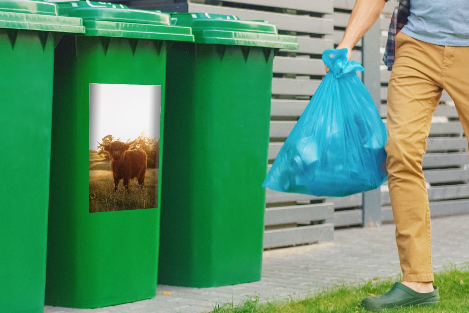 MuchoWow Wandsticker - Hochländer Schottischer Container, Gras Sonne Abfalbehälter St), - Sticker, Mülleimer-aufkleber, Mülltonne, (1