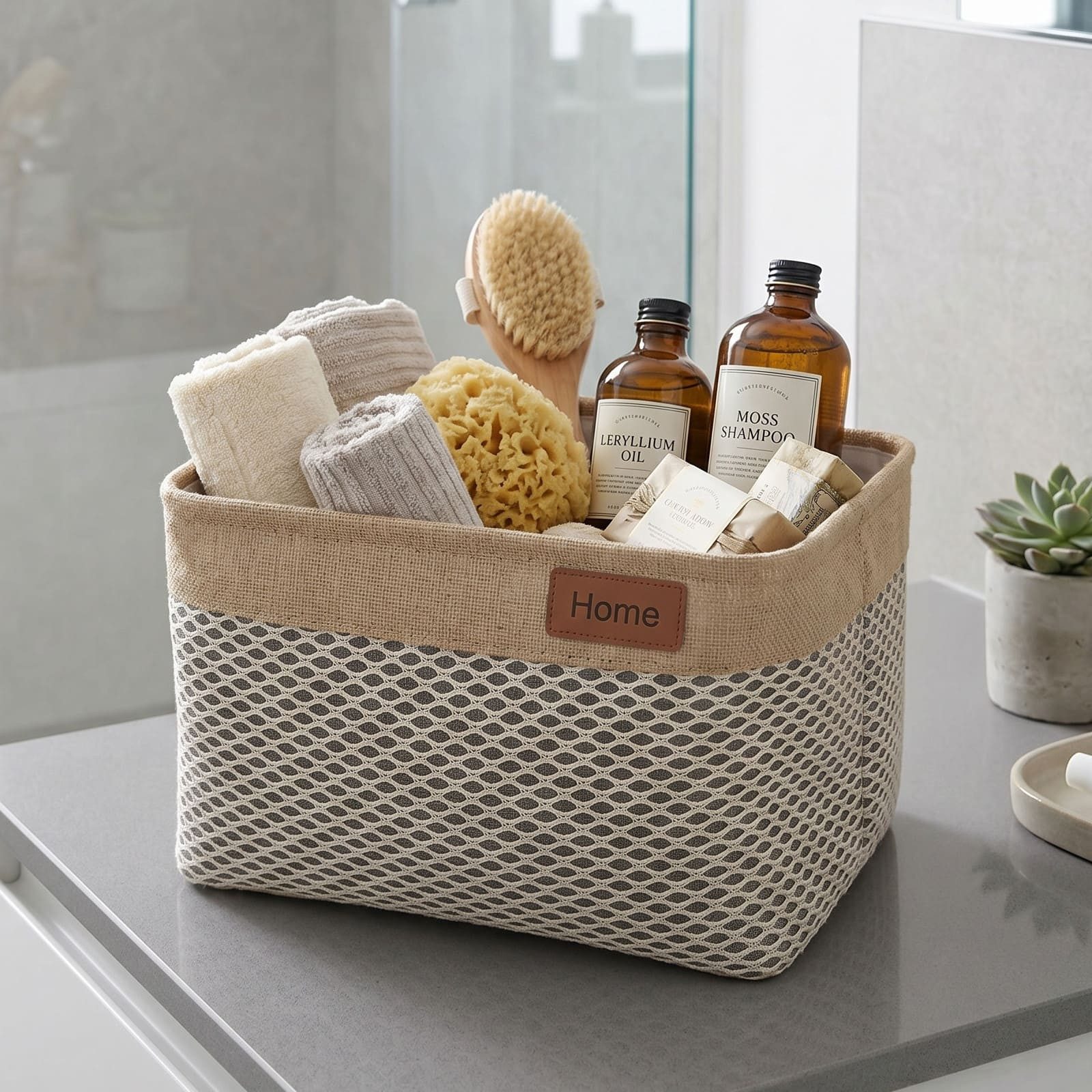 Dekoleidenschaft Aufbewahrungskorb "Home" Stoffkorb grün mit Häkelmuster, Bad Körbchen, Aufbewahrungsbox, Korb für Wohnzimmer, Küche, Badezimmer