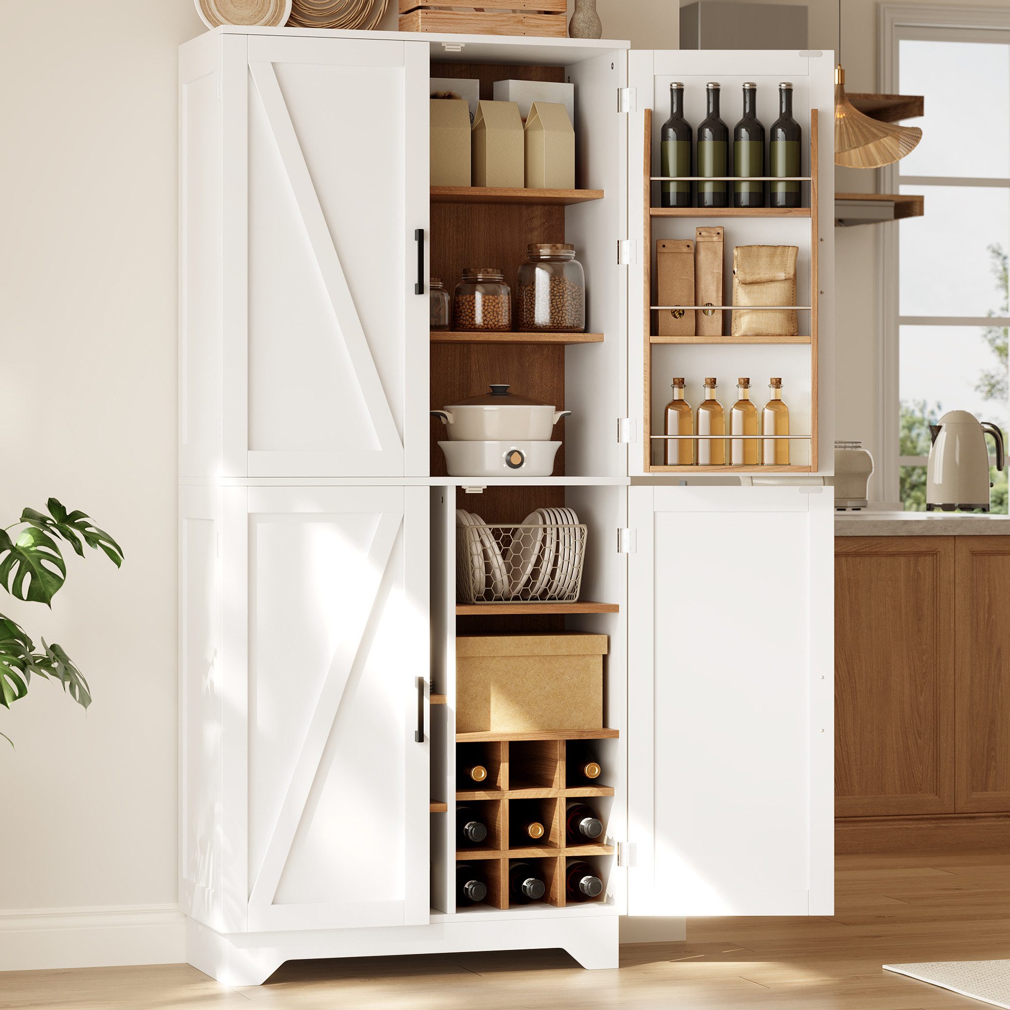 Flieks Hochschrank Stauraumschrank mit verstecktem Weinregal, Türregal, Scheunentor-Türen (1-St., 80×40×180 cm) Küchenschrank Highboard Vorratsschrank Landhausstil Weiß