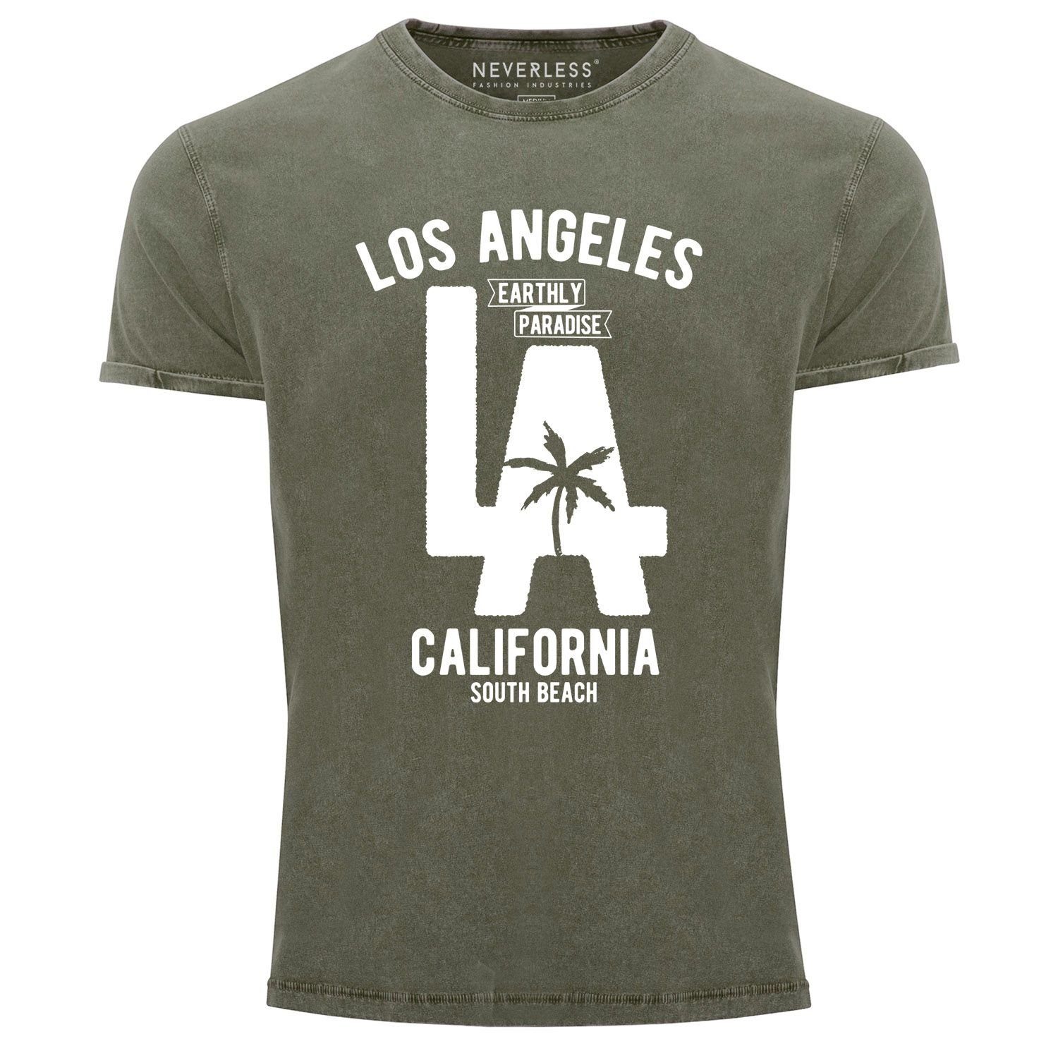 mit Neverless® Used LA Cooles Angesagtes Neverless Herren Los Fit Slim Angeles Print Shirt T-Shirt Vintage Aufdruck California oliv Look Print-Shirt