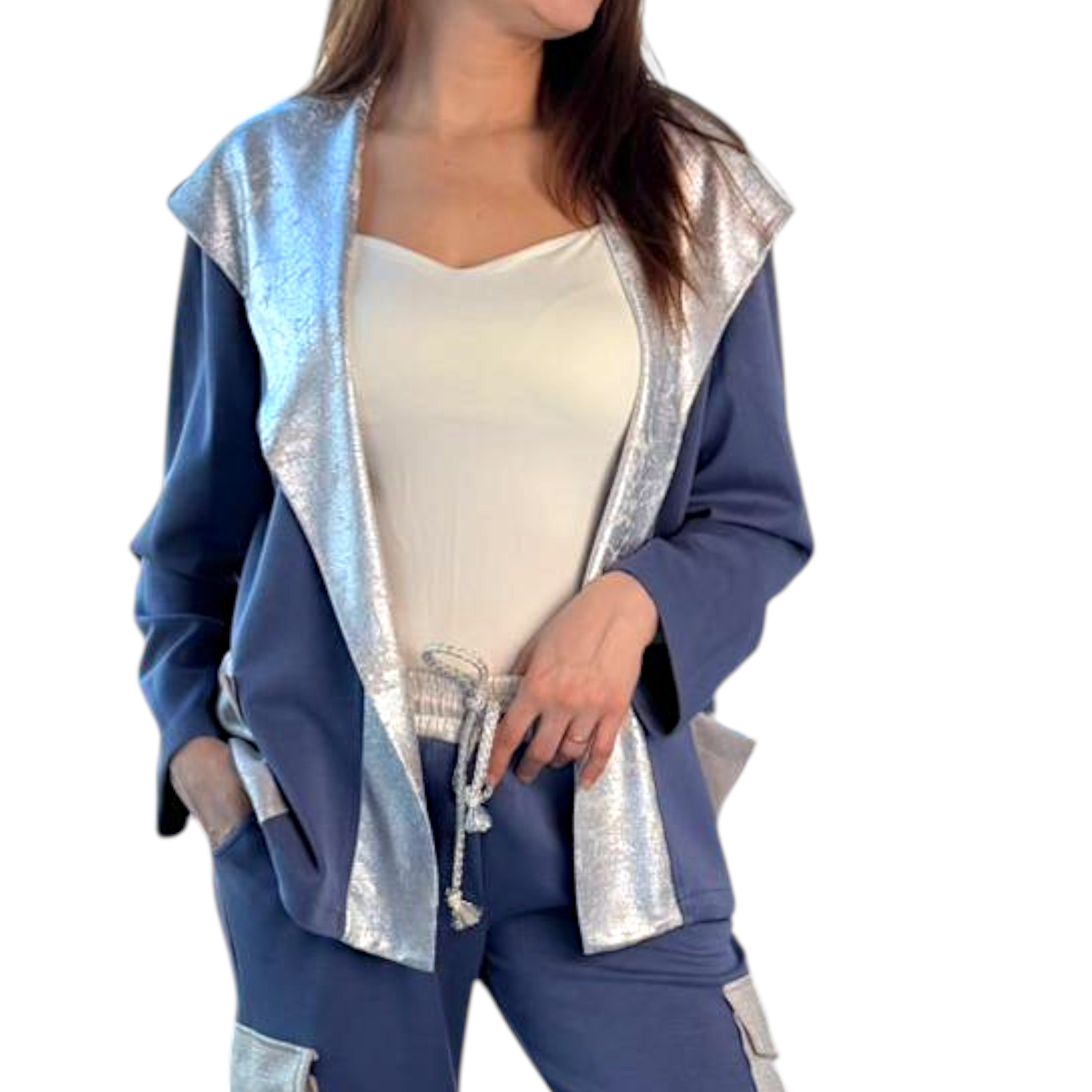 WENOR Kapuzensweatjacke Damen Oversize Jacke Schalkragen Glanz Look mit Taschen Schalkragen, Glanz Details, Oversize Schnitt