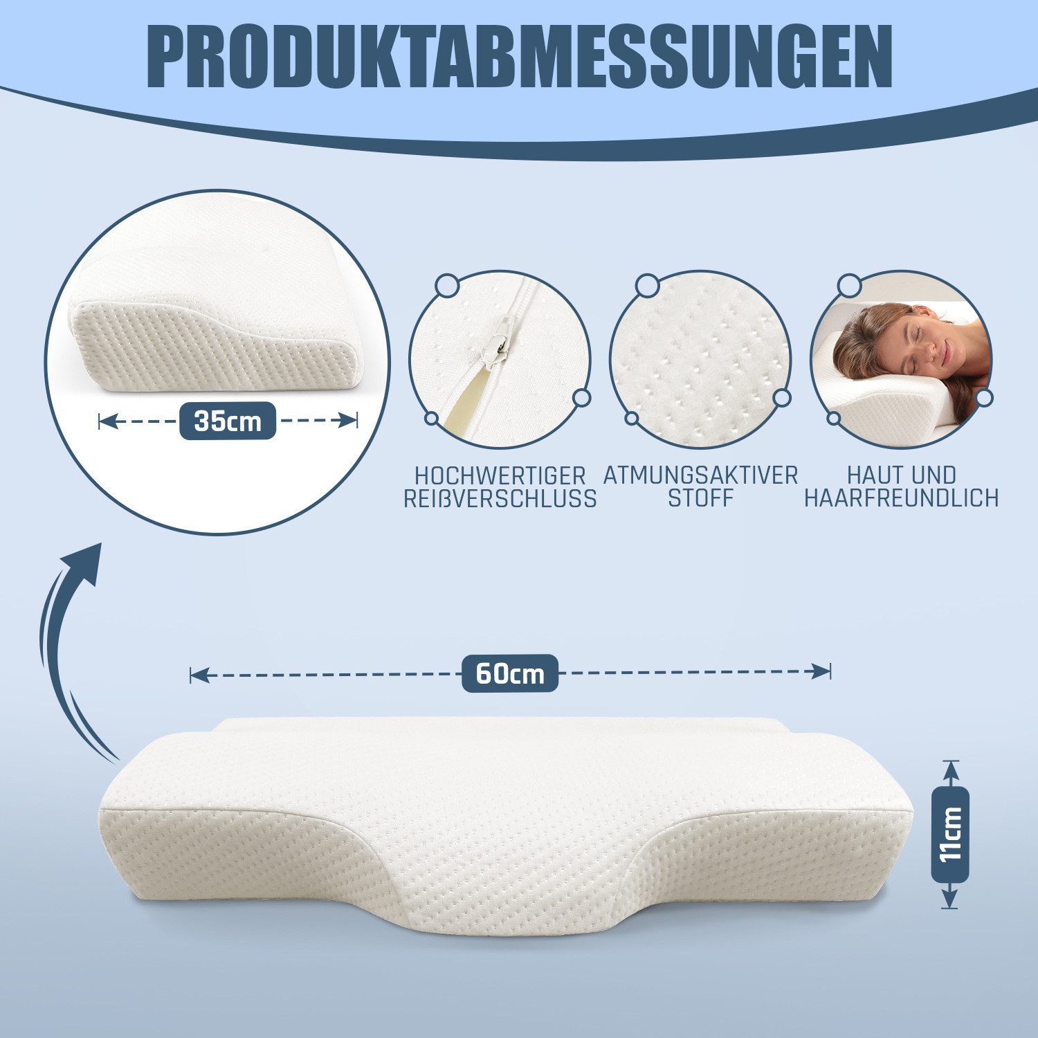 ELONEO Anti-Schnarch Kissen 35 x 11 x 60 cm, stabile Lage des Kopfes, für Hausstauballergiker geeignet