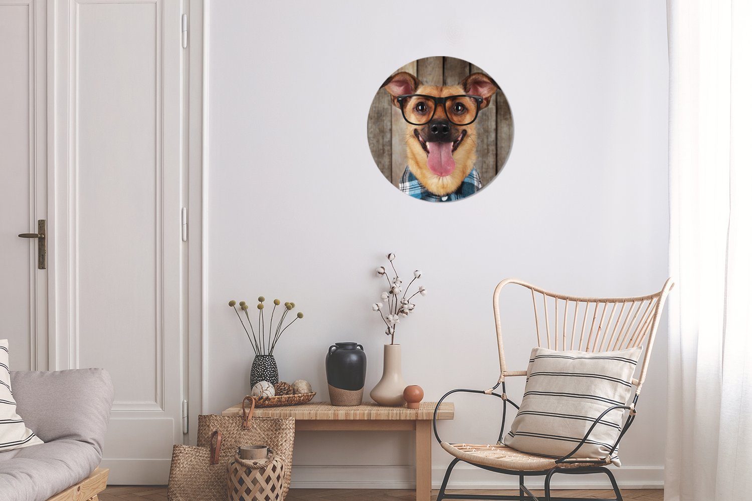 cm - Bluse Kreis - Brille Wanddekoration Wohnzimmer, - Hipster, MuchoWow Rundes Gemälde Forex, St), 30x30 Hund (1 Wandbild,