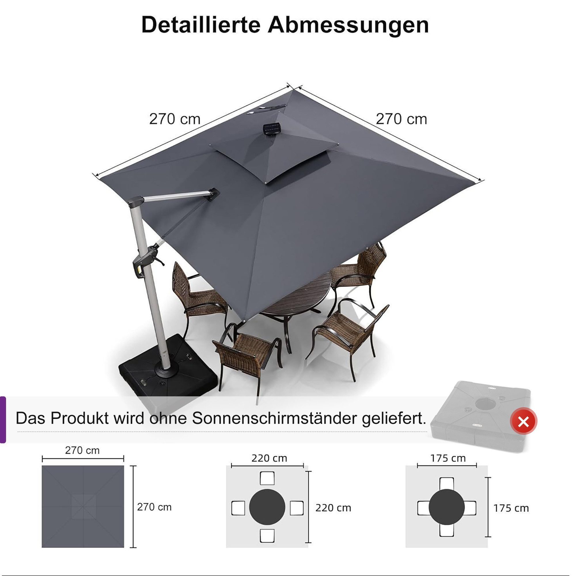 PURPLE LEAF Sonnenschirm Quadratischer Außenbereich Ampelschirm, Gartenschirm mit Solar LED, LxB: 270,00x270,00 cm, 360°Rotation, Sonnenschutz UV50+, für Garten, Terrasse, Pool