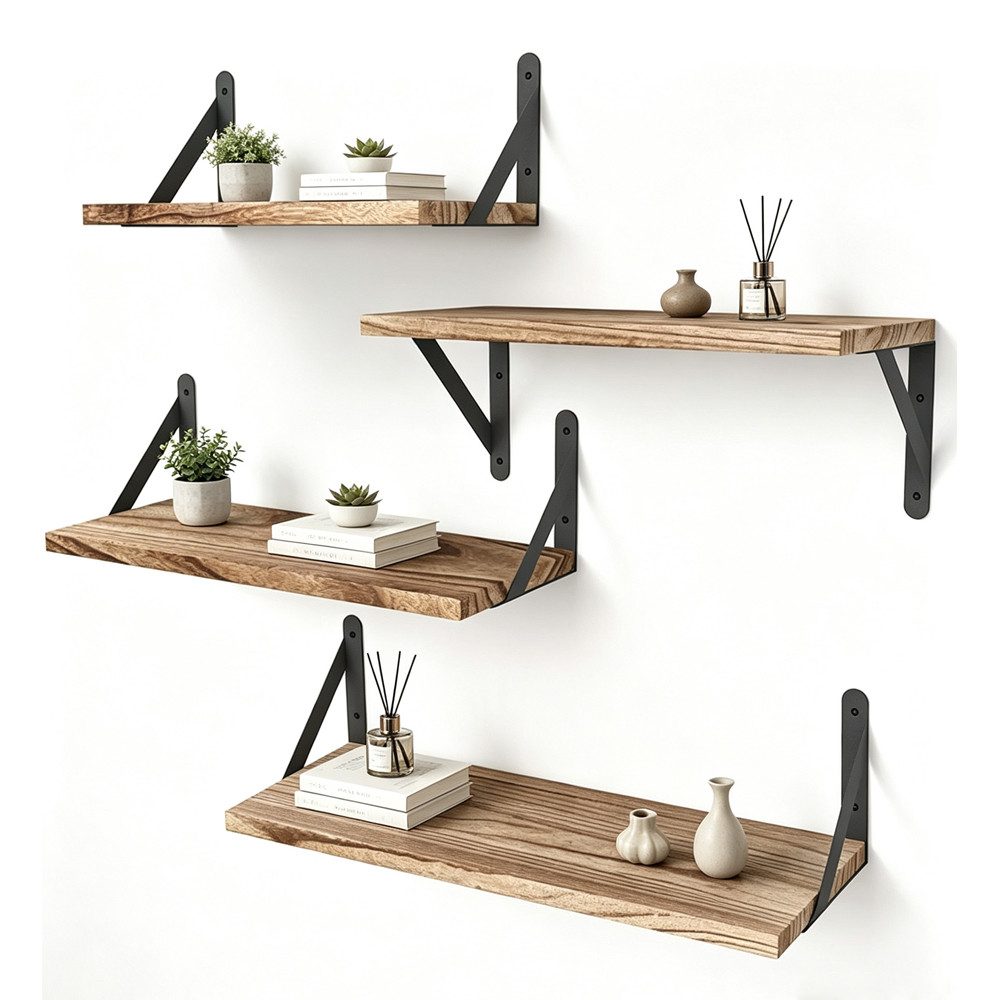 AFKSMILE Wandregal Wandregal Holz und Metall,4er-Set Schweberegale,Holzfarbton Wand Regal, 4-tlg., Dekoregal zur Wandmontage für Wohnzimmer, Küche, Schlafzimmer und Büro