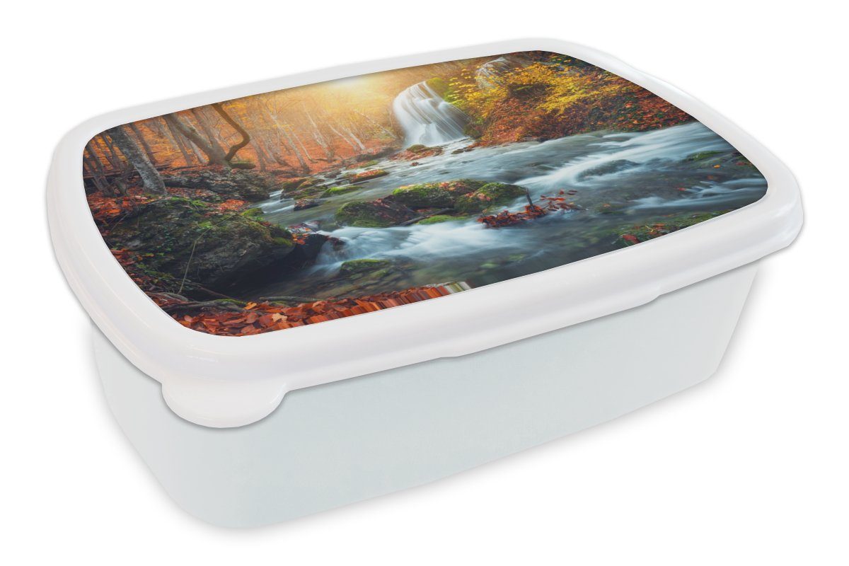 MuchoWow Lunchbox Wasserfall - Sonne - Herbst, Kunststoff, (2-tlg), Brotbox für Kinder und Erwachsene, Brotdose, für Jungs und Mädchen weiß