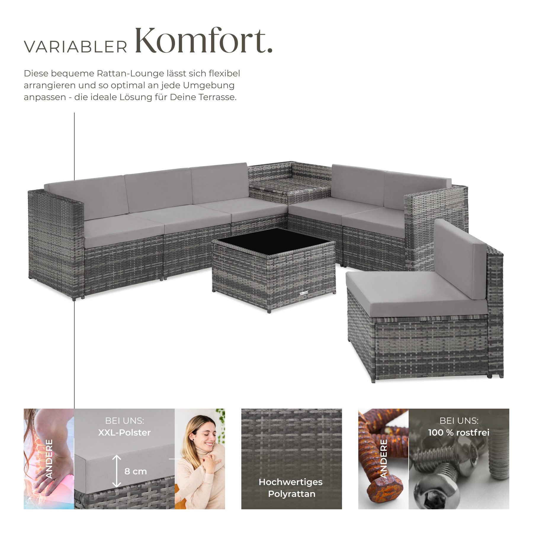 tectake Loungeset Rattan Lounge für 6 Personen, mit Sicherheitsglasplatte, (Sitzgruppe Verona, 8-tlg., in grau), widerstandsfähig, große Aufbewahrungsbox, Dicke der Polster 8 cm