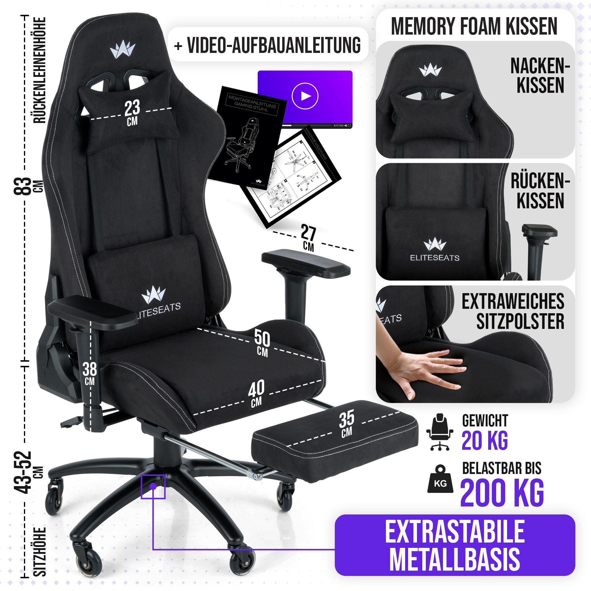 ELITESEATS Gaming-Stuhl Ergonomisch mit Fußstütze - günstig online kaufen