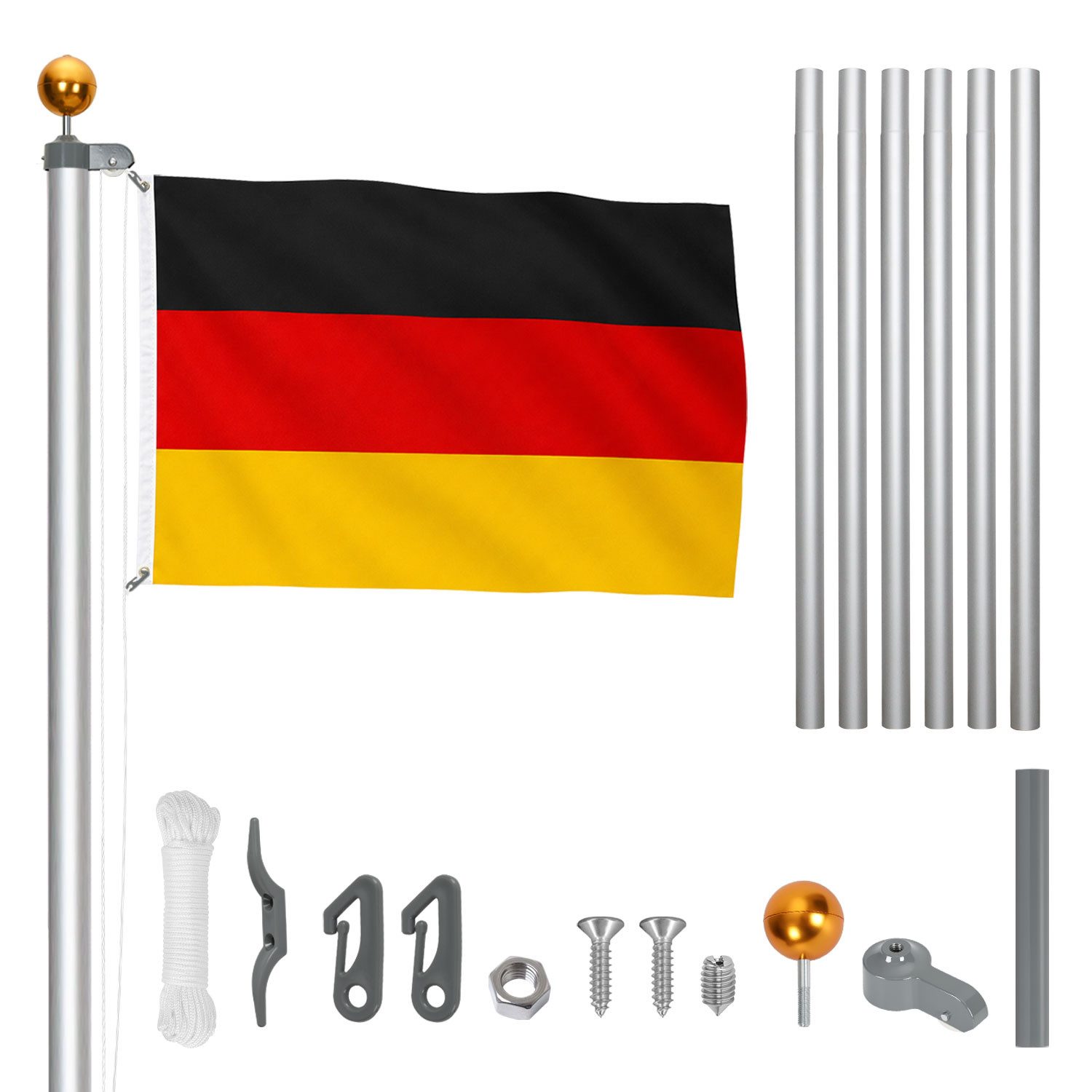 Clanmacy Fahnenmast Aluminium Fahnenmast 6,5 m Silber mit Umlenkrolle, 6-teilig, Rolle