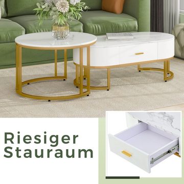 REDOM Couchtisch Satztisch in Marmoroptik, mit Schublade und goldenem Stahlrahmen