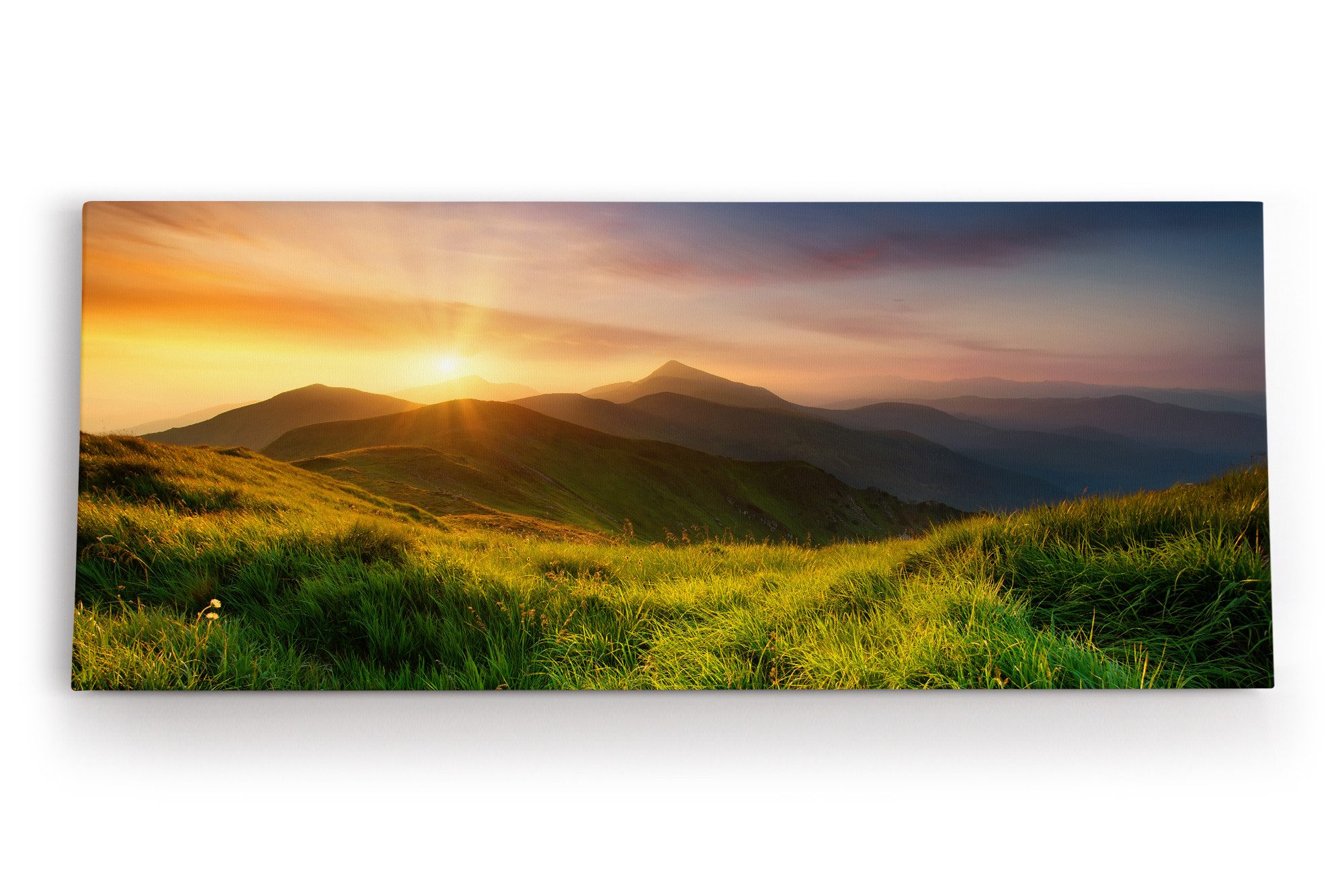 Leinwandbild Alpenlandschaft Berge Wiesen Sonnenuntergang Natur