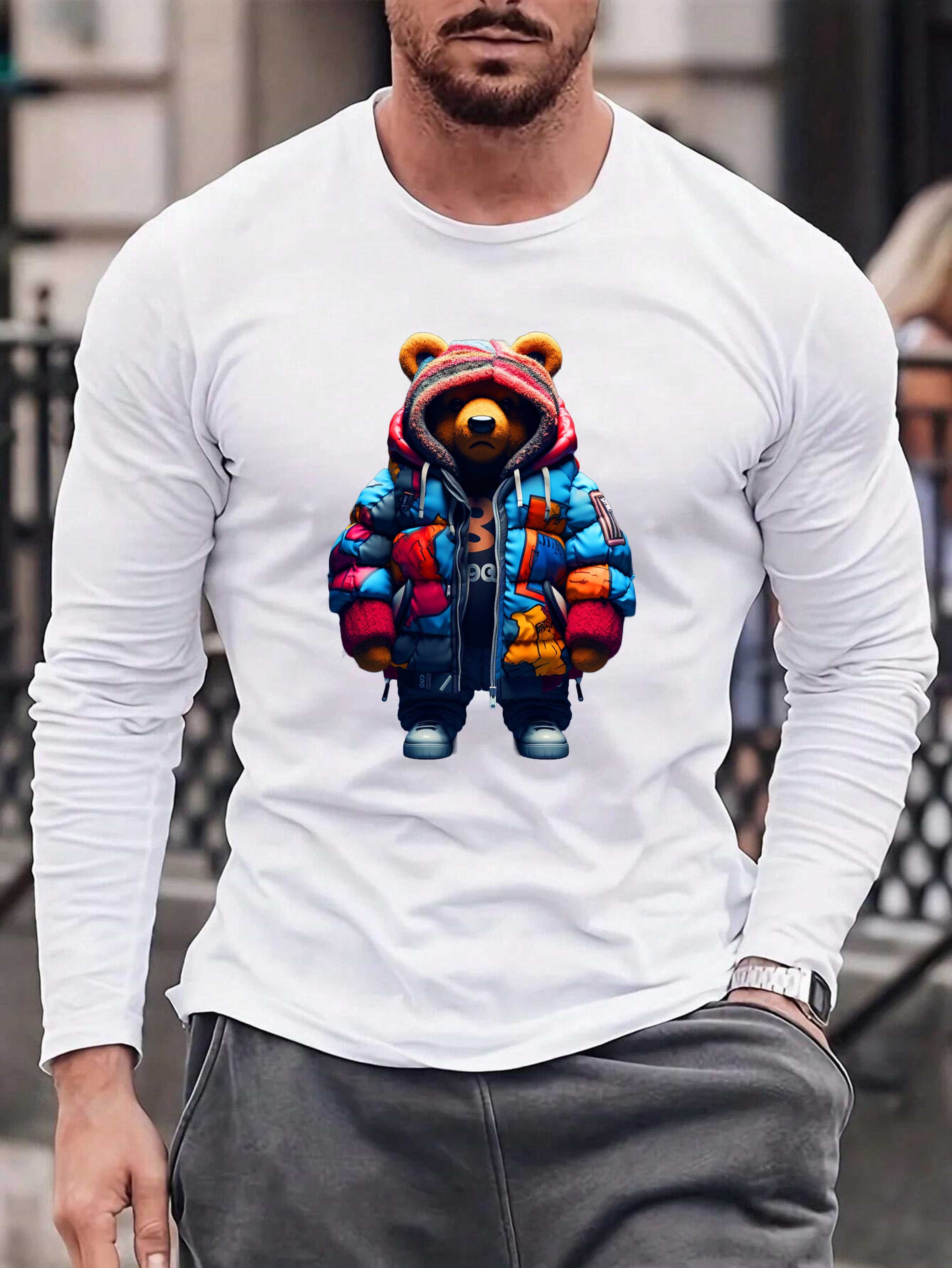 RMK Langarmshirt Herren Longsleeve Shirt Rundhals Basic Hip Hop Teddybär au günstig online kaufen