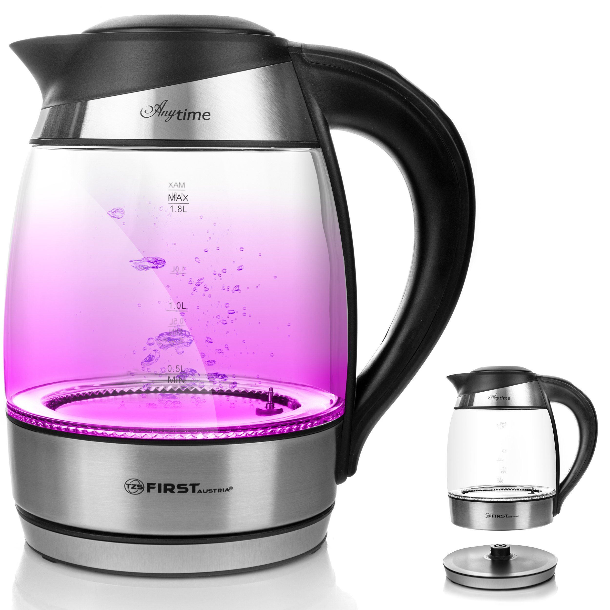 TZS FIRST AUSTRIA Wasserkocher Edelstahl, Glaswasserkocher, 1,8L, 2200W,  Temperatureinstellung 40°C, 1 l, 2200 W, Farbwechsel, LED Beleuchtung-Farbe  je nach Temperaturwahl, schwarz