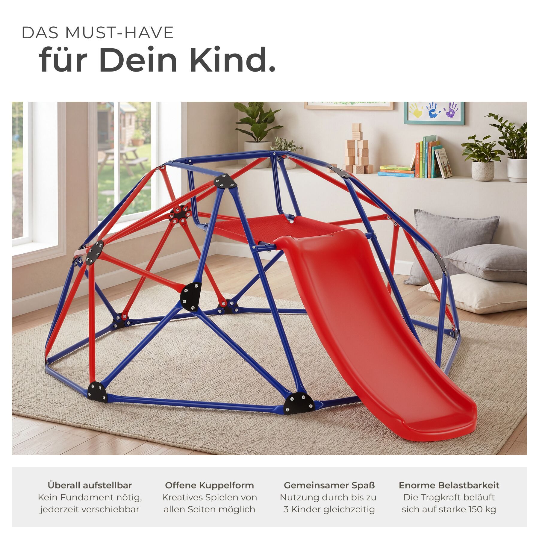 tectake Klettergerüst Spielgerüst mit Rutsche, inklusive 4 Heringe, 185 x 243 x 90 cm, (Kletterturm Freeclimber, in rot/blau), wetterfest, Sitzfläche aus Meshgewebe, Stahlgestell, ab 3 Jahren