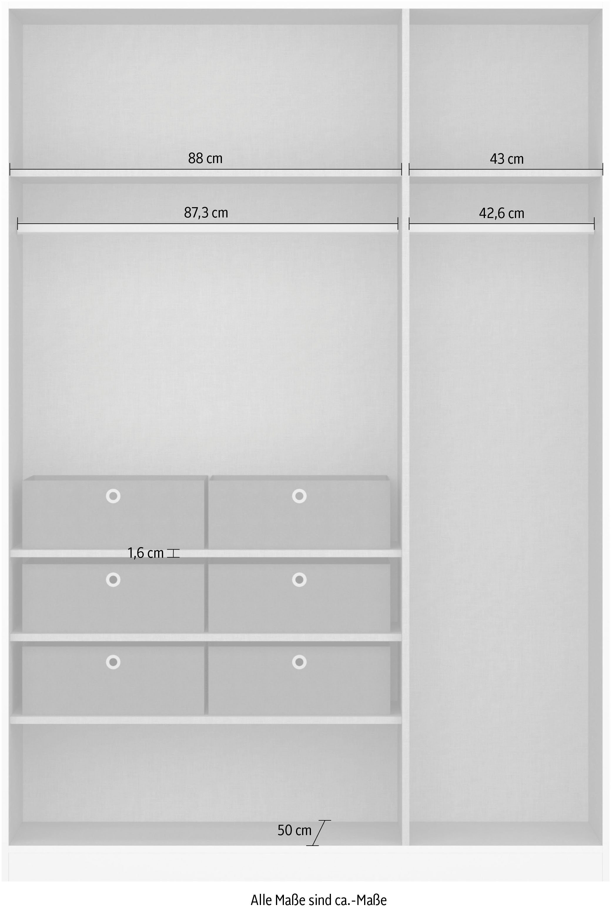 rauch | optional Drehtürenschrank extra und 6-er mit Stoffboxen Alpinweiß/Graumetallic Spiegel Set Einlegeböden, Graumetallic Cosmo inkl.