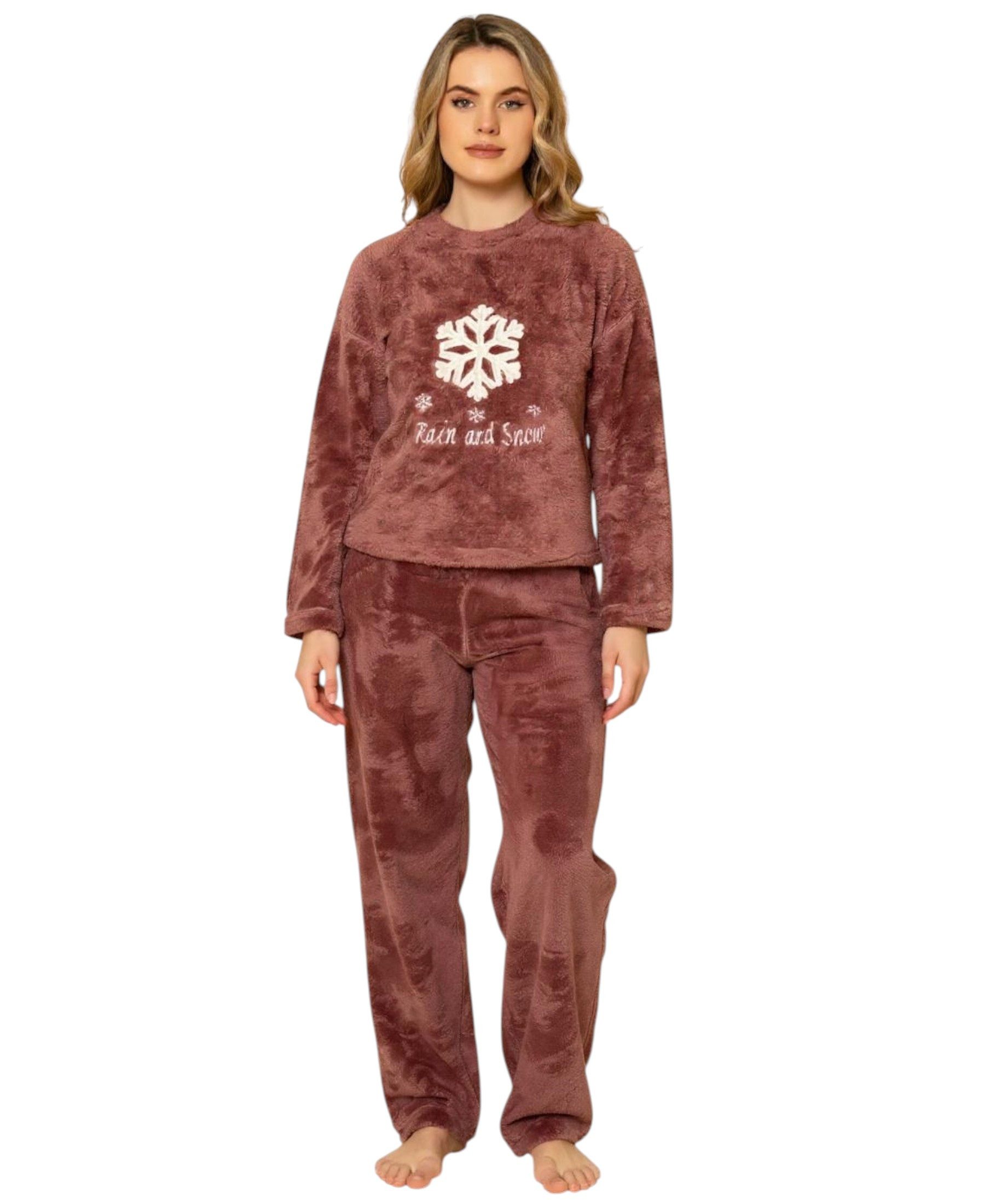 fashionshowcase Hausanzug Damen Winter Pyjama Set Schlafanzug Plüsch Zweiteiler weich