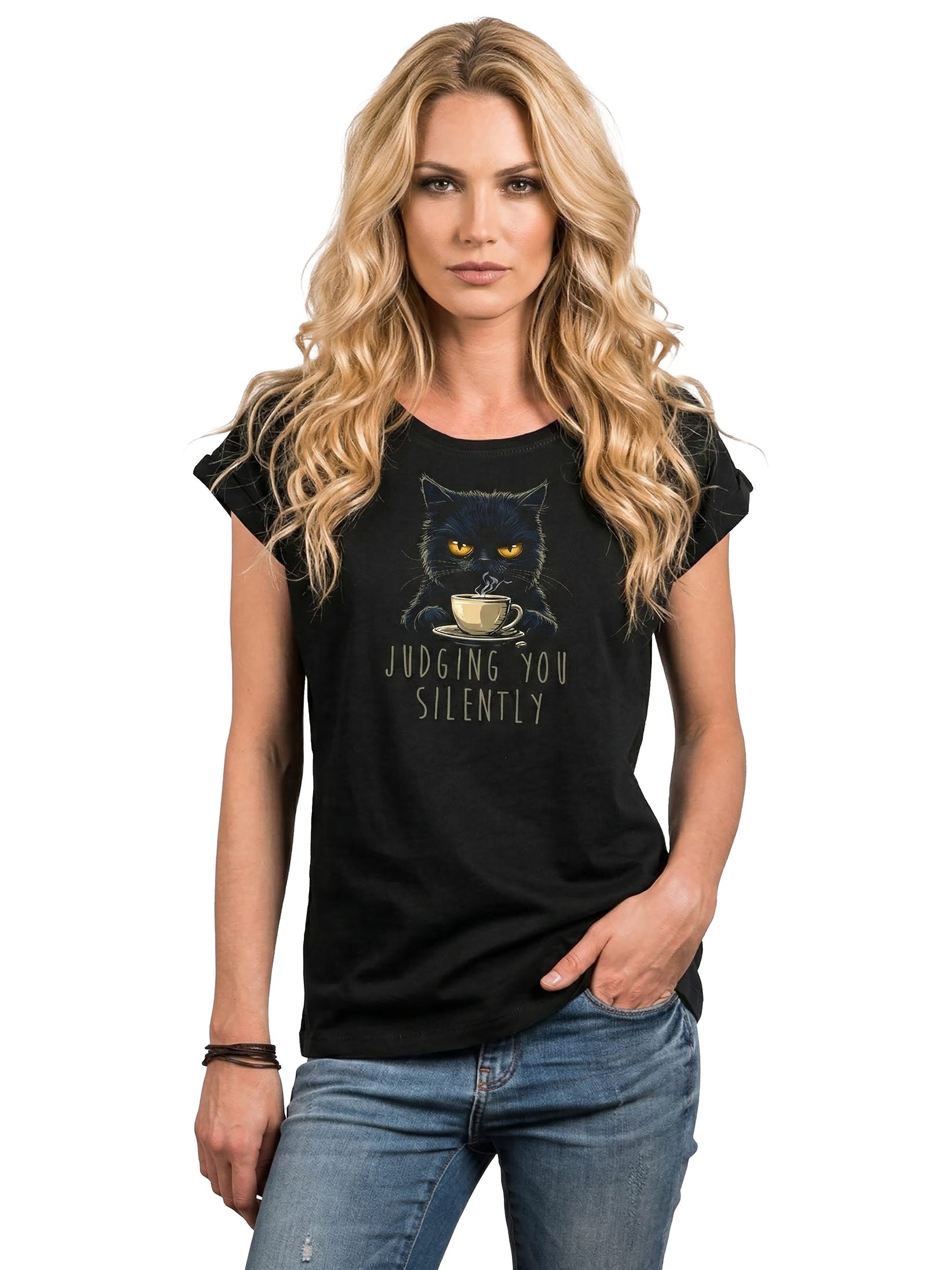 MAKAYA Kurzarmshirt mit Katzenmotiv Damen Shirt Katze Lustige Kaffee Sprüche Frauen Top (Schwarz, 34, 36, 38, 40, 42, 44, 46, 48, 50) aus Baumwolle