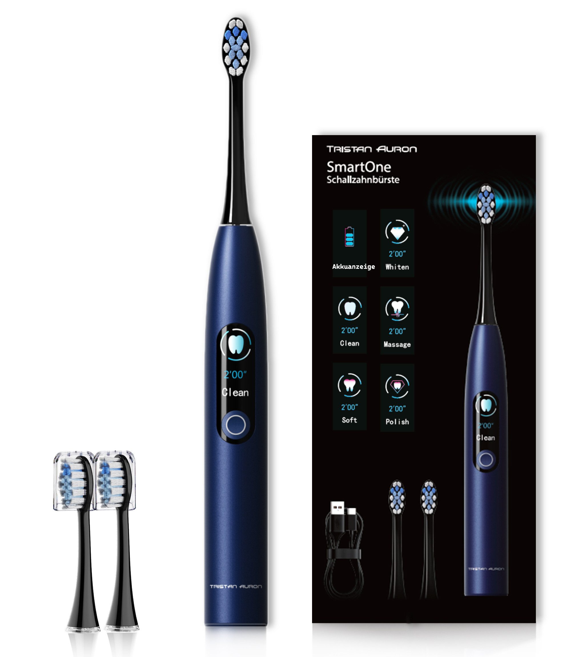 Tristan Auron Schallzahnbürste Elektrische Zahnbürste-5 Modi-48 000 VPM-USB C,6-8 Wochen Akku, 48 000 VPM, Timer, Wasserdicht, Farbdisplay, automatische Abschaltung
