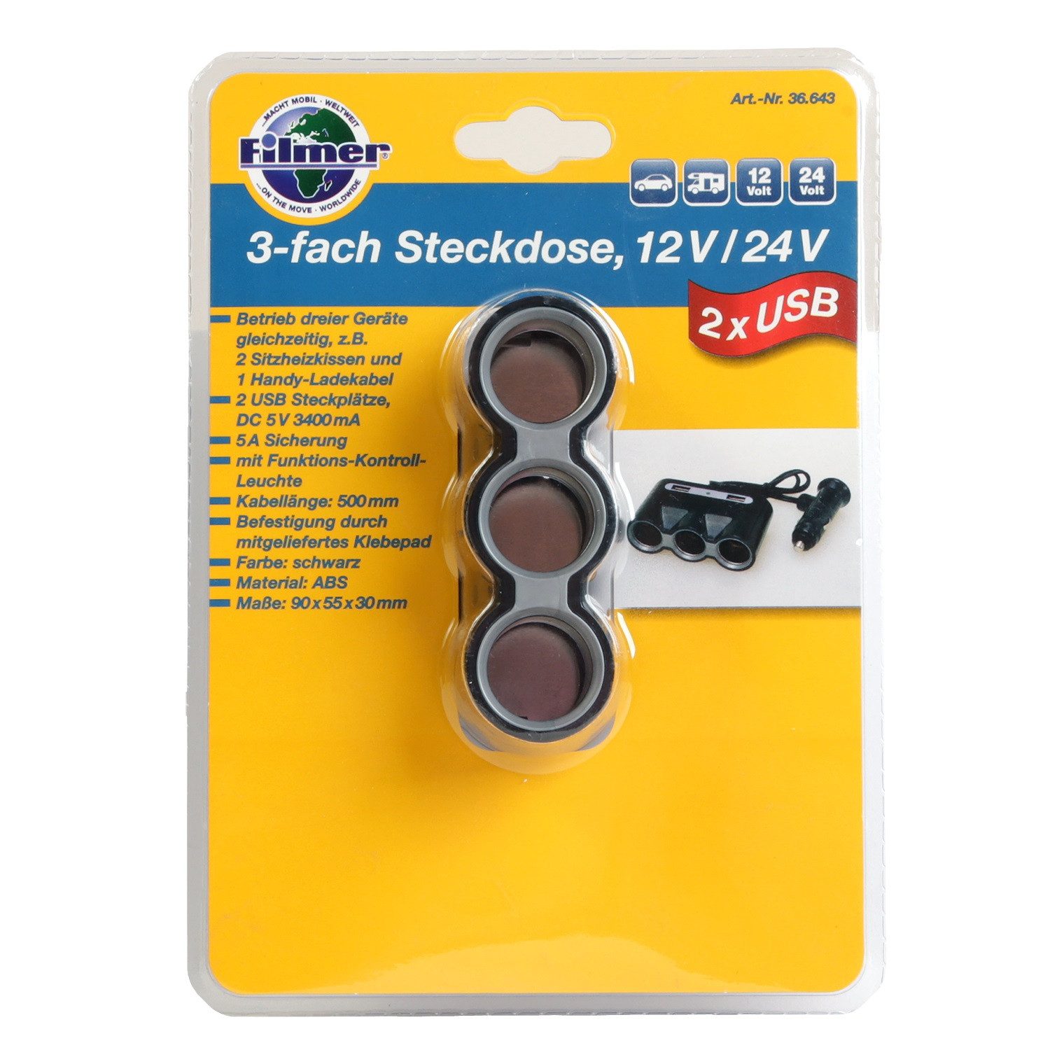 Filmer Zigarettenanzünder-Verteiler 3x Verteiler 12V Zigarettenanzünder mit 2 USB, Doppel-Steckdose Auto Strom-Adapter Montagezubehör