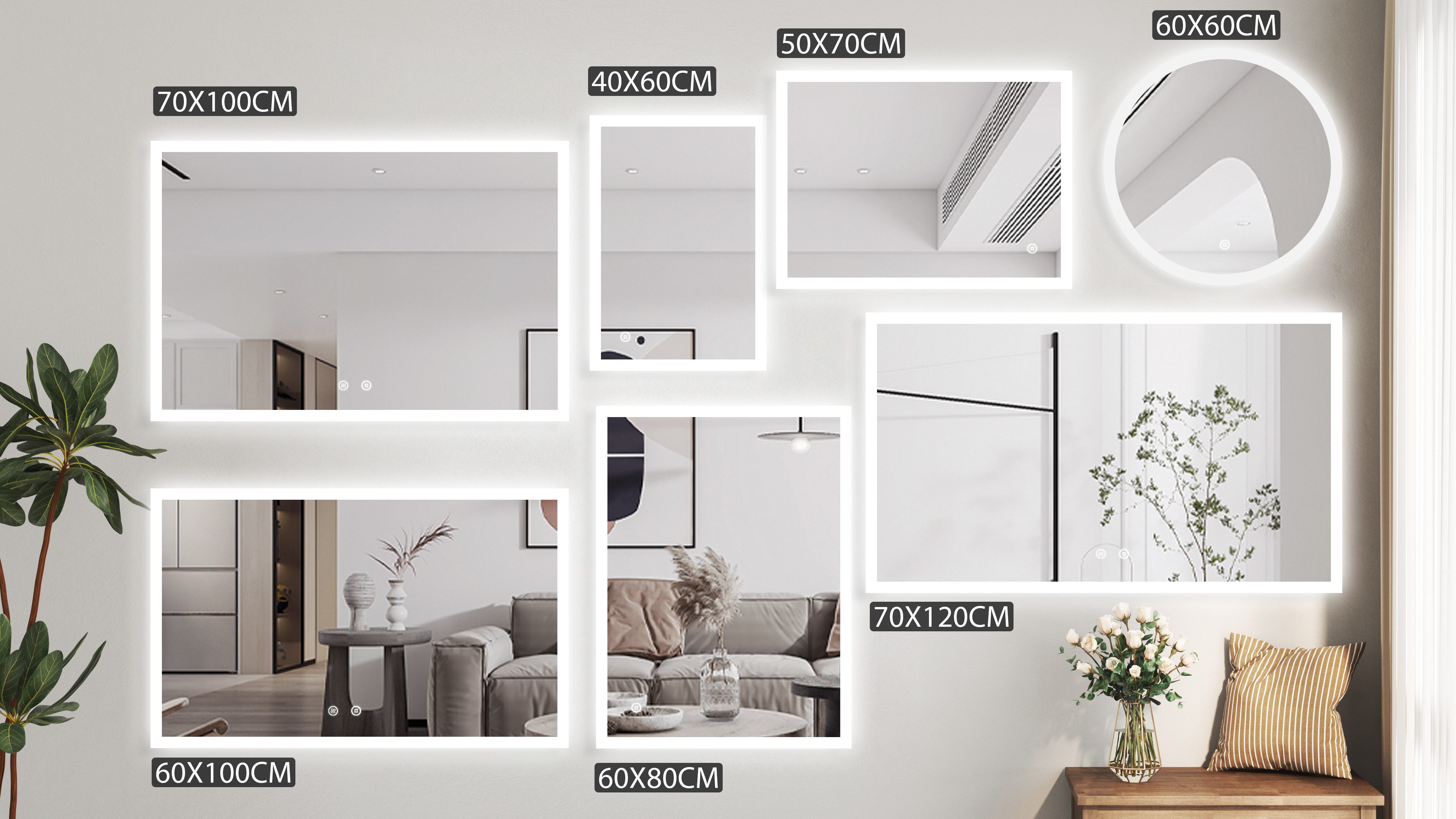 WDWRITTI Badspiegel Badezimmerspiegel mit Beleuchtung Wandspiegel Led Touch Wandschalter (Spiegel Bad, 3Lichtfarben, Memory, Helligkeit dimmbar), 3000K/4000K/6500K, IP44