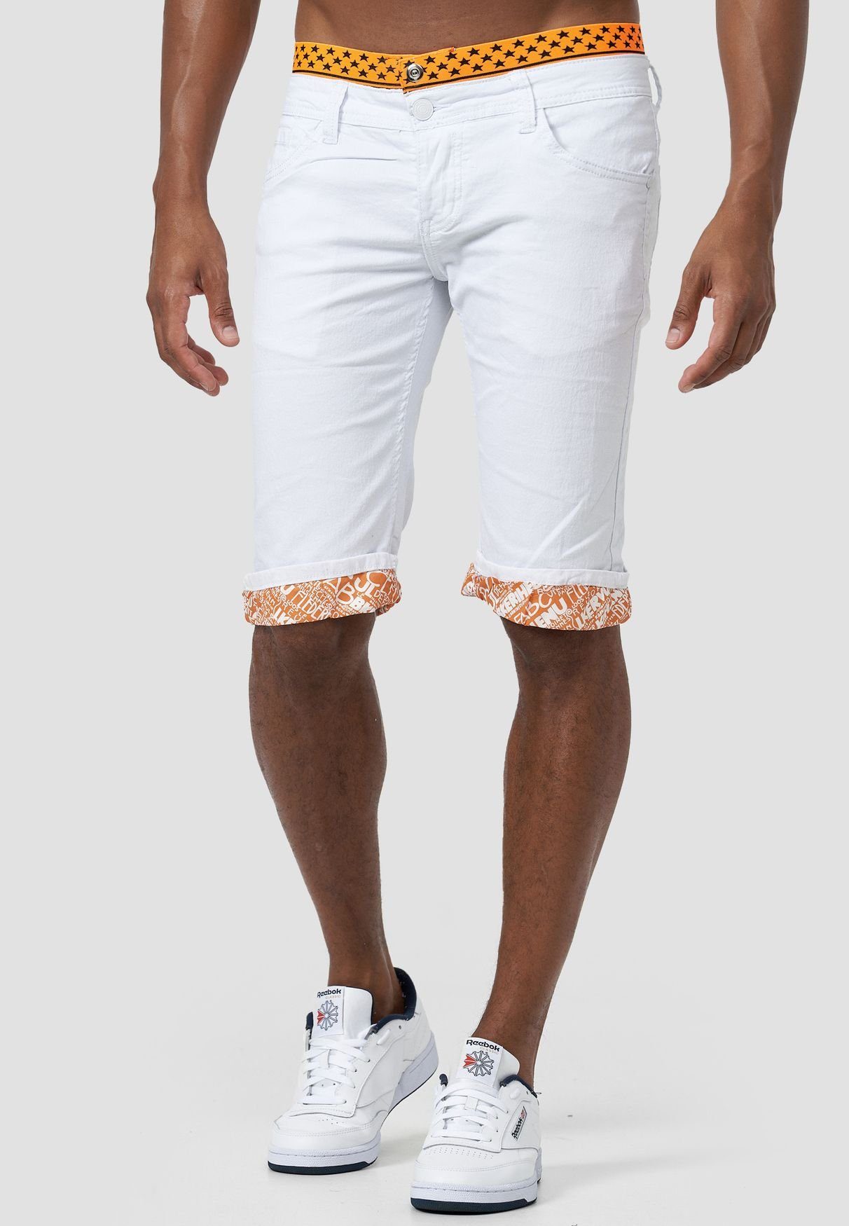 Jeansshorts in Bermuda 3306 Hose Capri Kurze Shorts Weiß-Orange 3/4 Stretch Jeans (1-tlg) Jaylvis Pants
