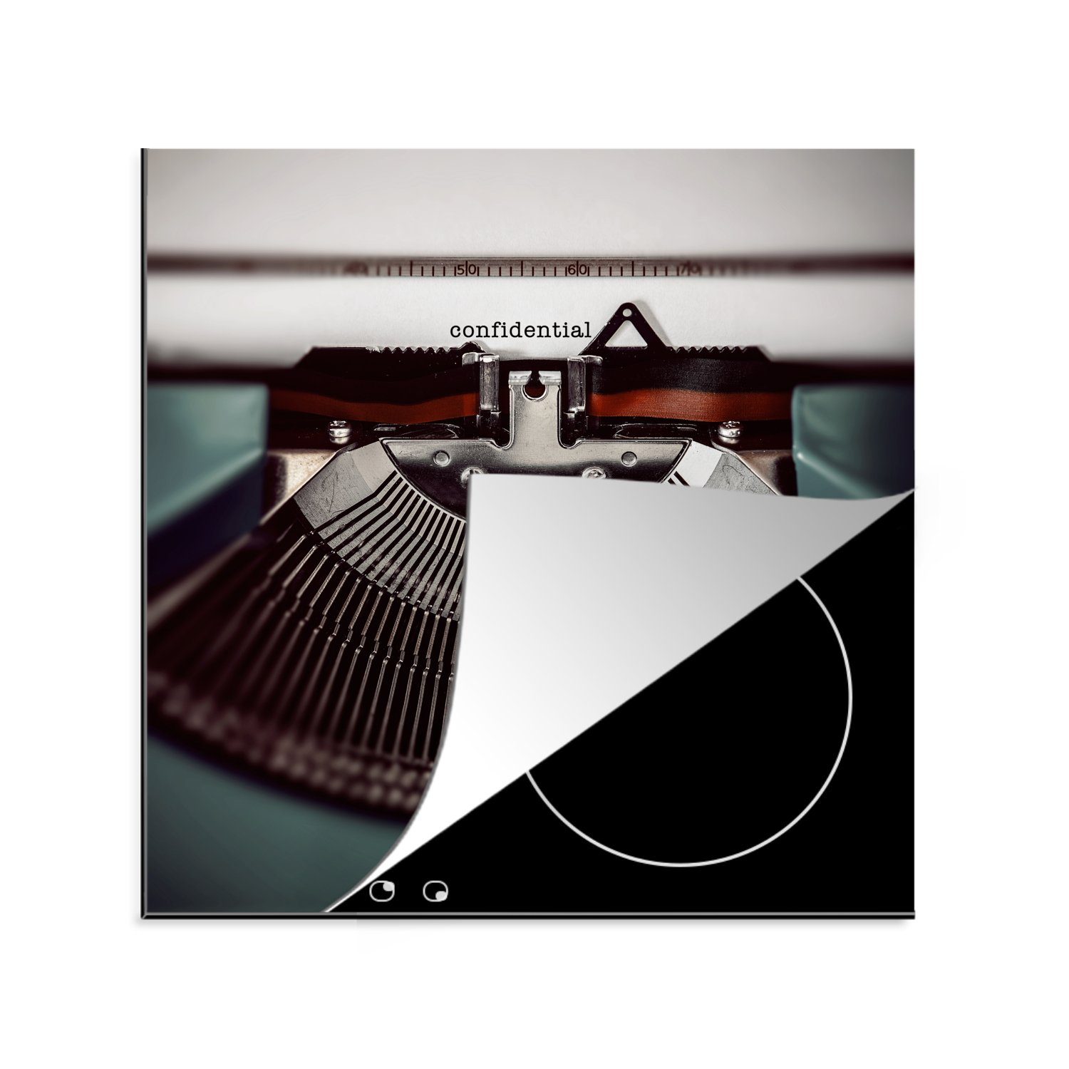 78x78 Herdblende-/Abdeckplatte tlg), Briefe, Retro MuchoWow Arbeitsplatte Schreibmaschine (1 für küche Vinyl, cm, - Ceranfeldabdeckung, -