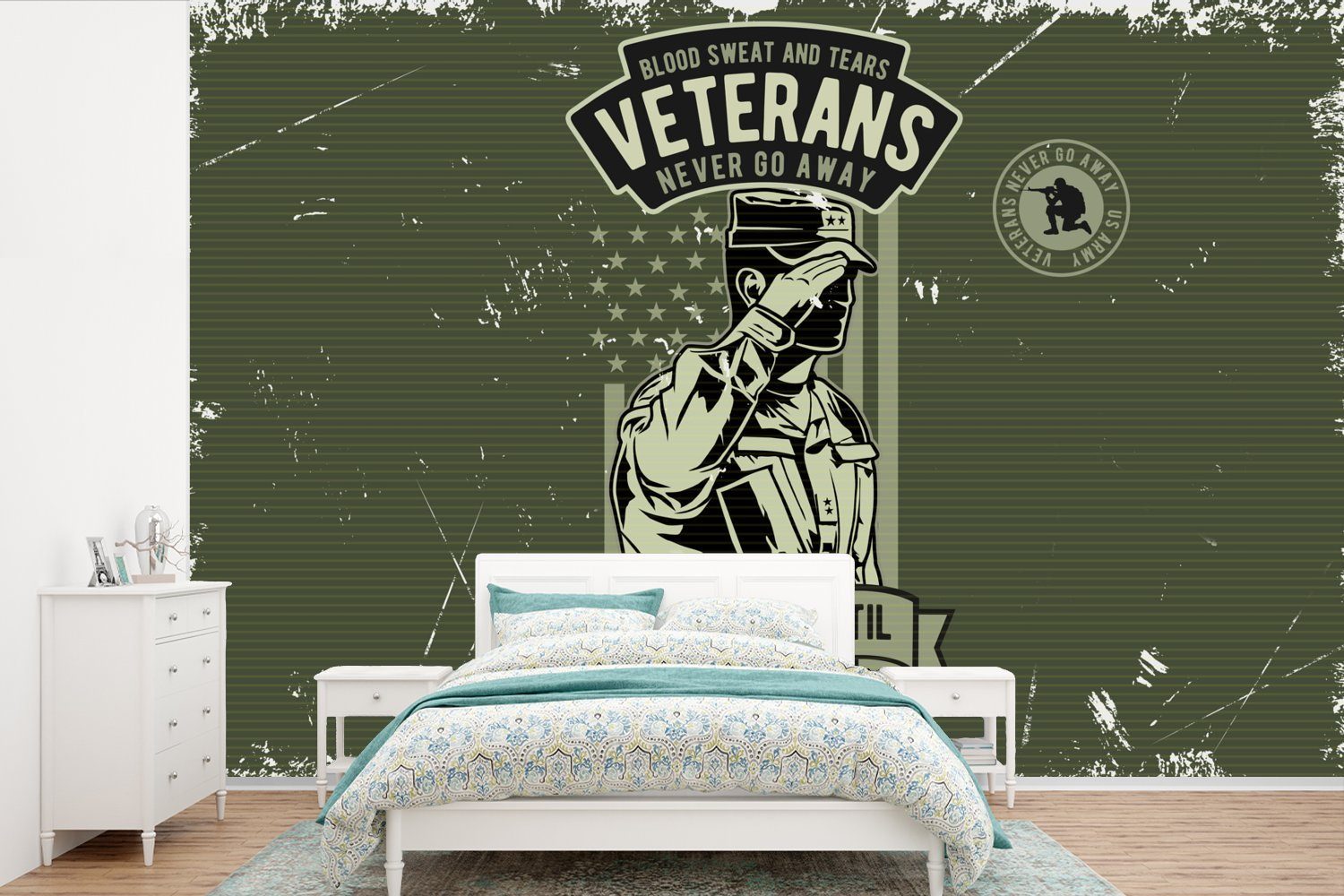 MuchoWow Fototapete Vintage - Armee - Fahne, Matt, bedruckt, (6 St), Wallpaper für Wohnzimmer, Schlafzimmer, Kinderzimmer, Vinyl Tapete