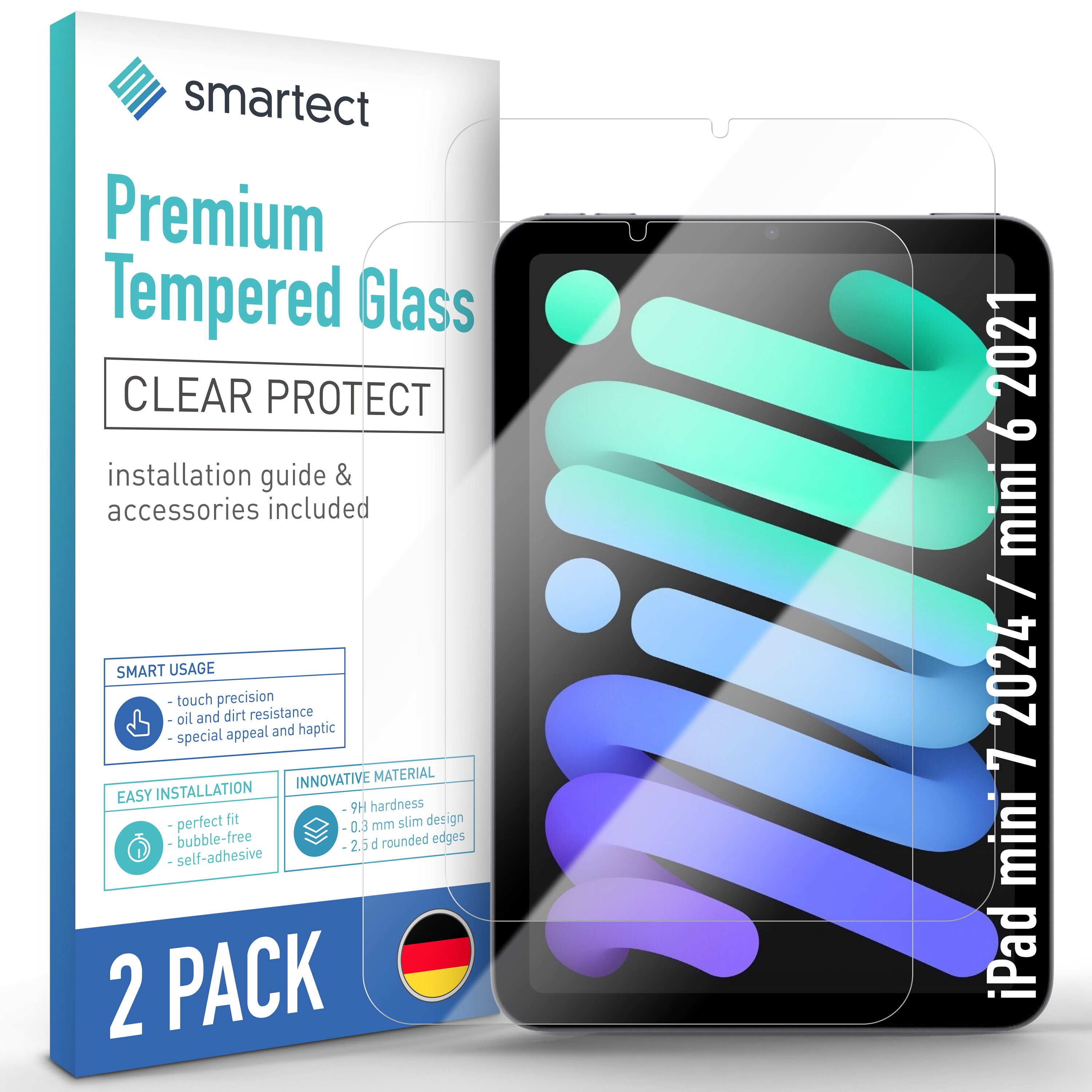 smartect Displayschutzglas 2X Schutzglas Panzerfolie Klar für iPad mini 7 2024 / mini 6 2021 für iPad mini 7 2024 / mini 6 2021, Set, 2 Stück, 0.3 mm Ultra-klar, 9H Härte, Kratzfest, Stoßfest, Blasenfrei, Oleophob
