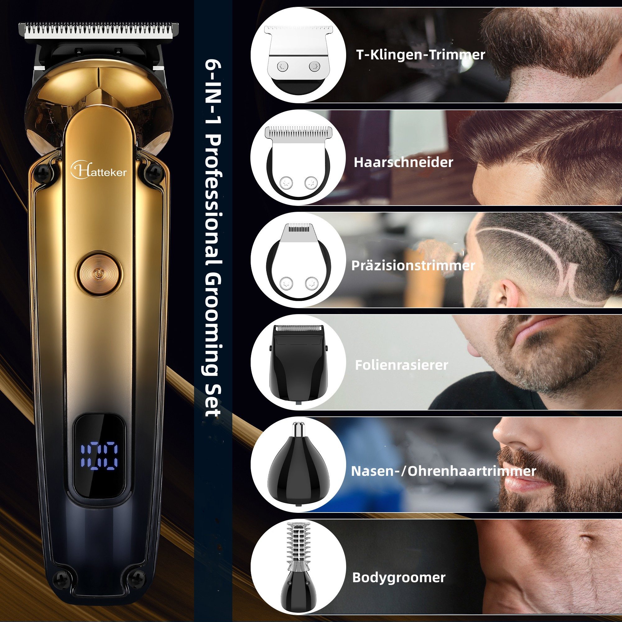 HATTEKER Haar- und Bartschneider HT-6168, Körperhaartrimmer, Wasserdicht, 6 in 1, Gold
