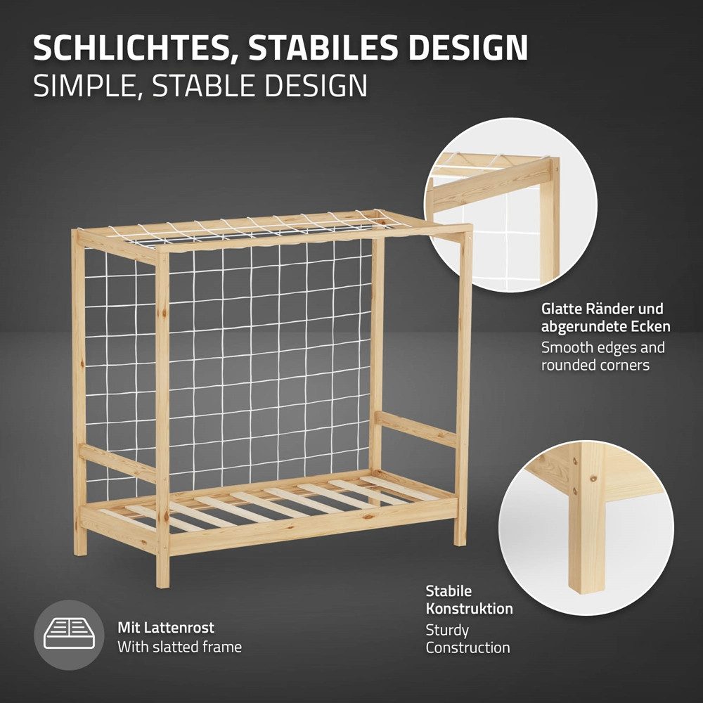 ML-DESIGN Spielbett Fußballtor Einzelbett für Kinder Holzbett mit Lattenrost & Tornetz, Handballtor Abenteuerbett 70x140cm Natur Kinderbett Holzbettgestell