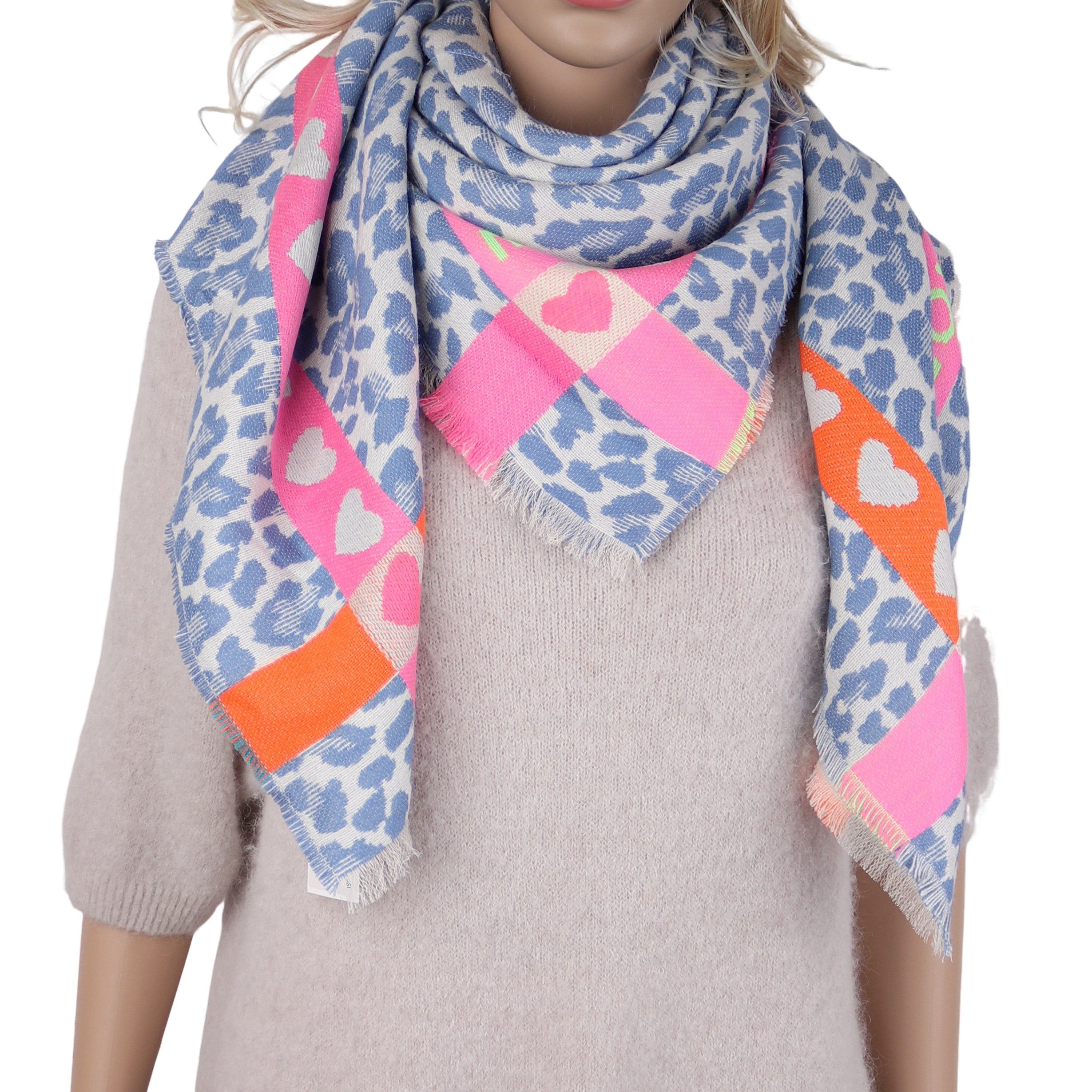 MIRROSI Halstuch Damen Schal Eckig 105x105 cm – Leo-Muster, Herzbordüre, (Neue Kollektion Herbst/Winter 2026), Winter Schal mit WILD LOVE Schriftzug