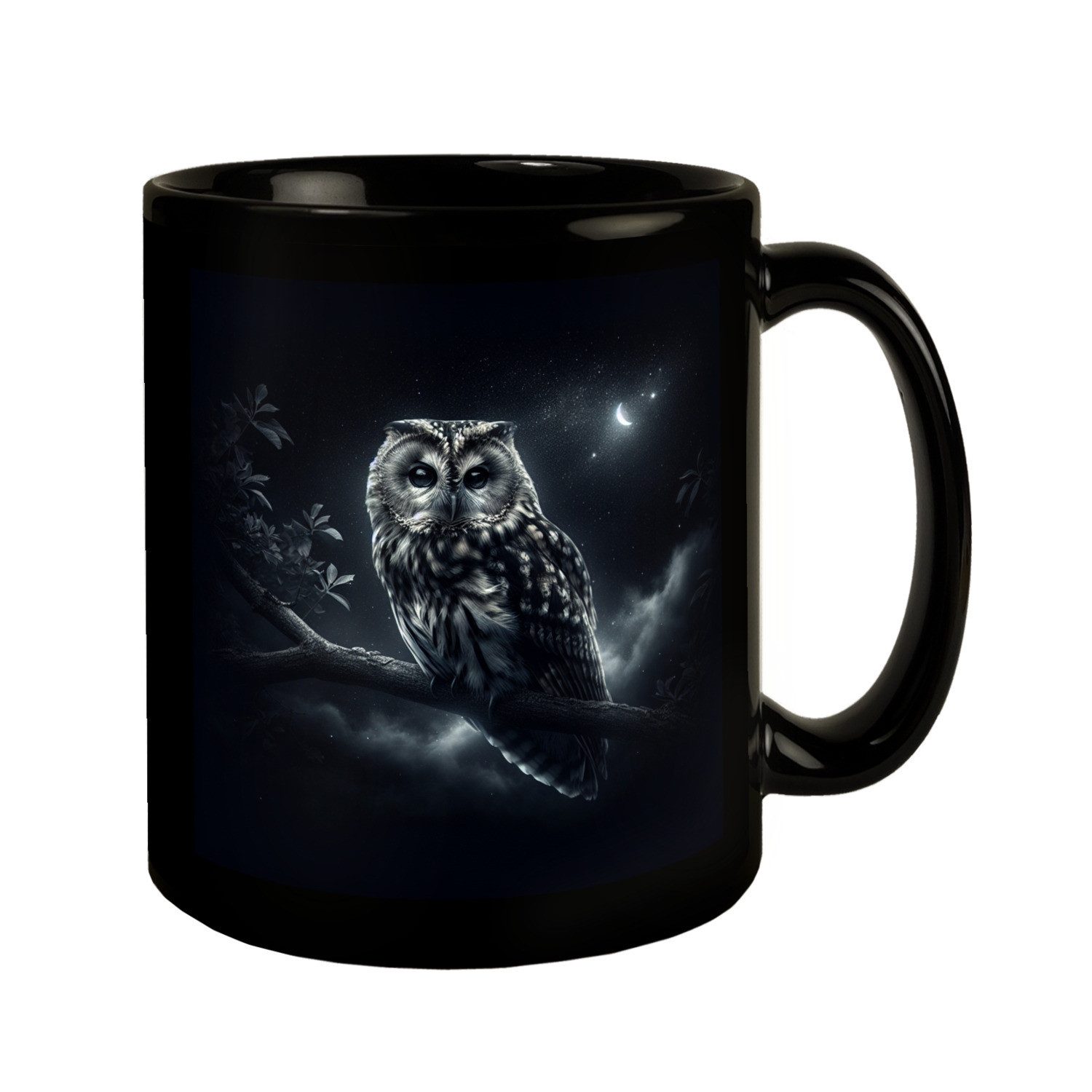 Tasse Eule auf einem Ast Tasse schwarz in Schwarz