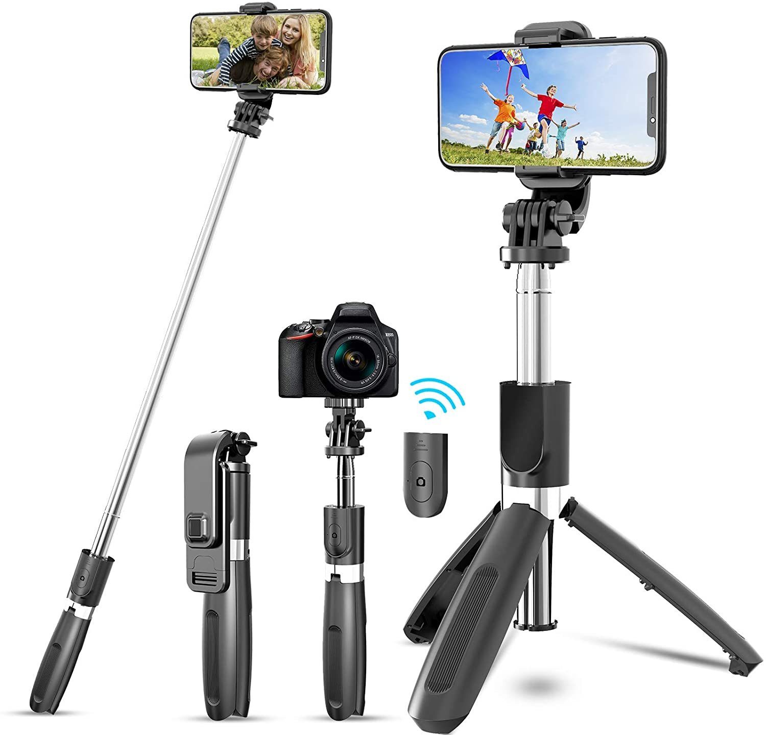 Yokkao Selfie Stick Stangen Stativ 3 in 1 360°schwenkbar mit bis zu 70cm Bluetooth-Fernauslöse Inklusive Stativfunktion für Gopro Kamera Smartphone iPhone 11/ iPhone 11Pro/ iPhone 11Pro Max Schwarz 