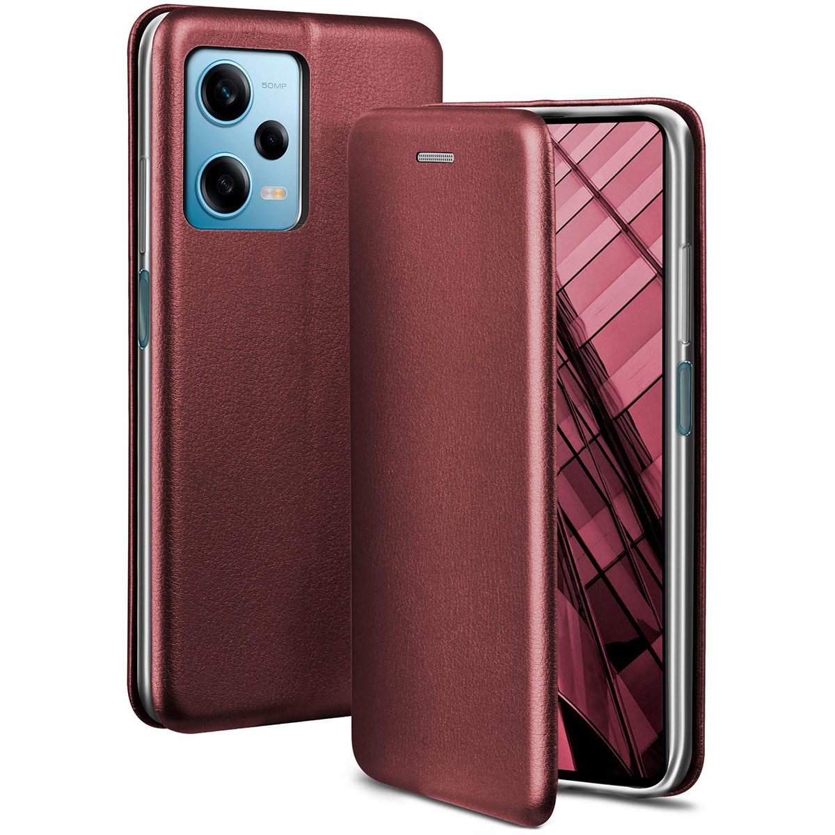ONEFLOW Handyhülle für Redmi Note 12 Pro 5G Premium Hülle Business Cover Rot 6,67 Zoll, 360 Grad Schutzhülle Flip Case Etui Klapphülle Dünn Leder Handy Tasche