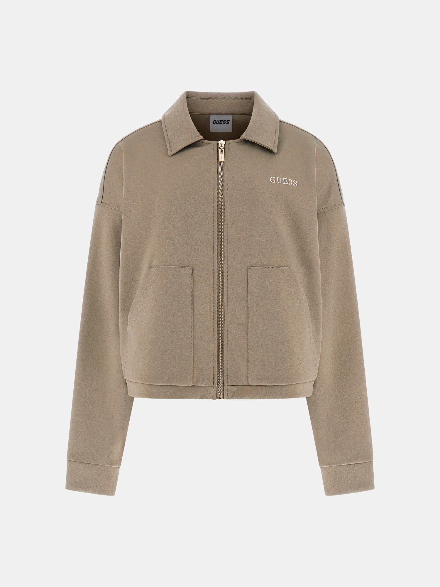 Guess Jackenblazer – Kurz geschnittene Sweatjacke mit Reißverschluss und Logo fallende Schulterpartie