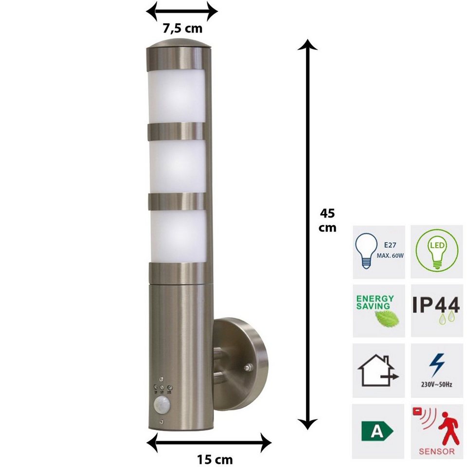 Grafner Außen-Wandleuchte Edelstahl Wandlampe mit Bewegungsmelder 137WBPIR  Wandleuchte, ohne Leuchtmittel, Mit Bewegungsmelder, Auch für LED  Leuchtmittel geeignet, Gesamtmaße: ca. Länge 45cm Breite 15cm Ø 7,5cm