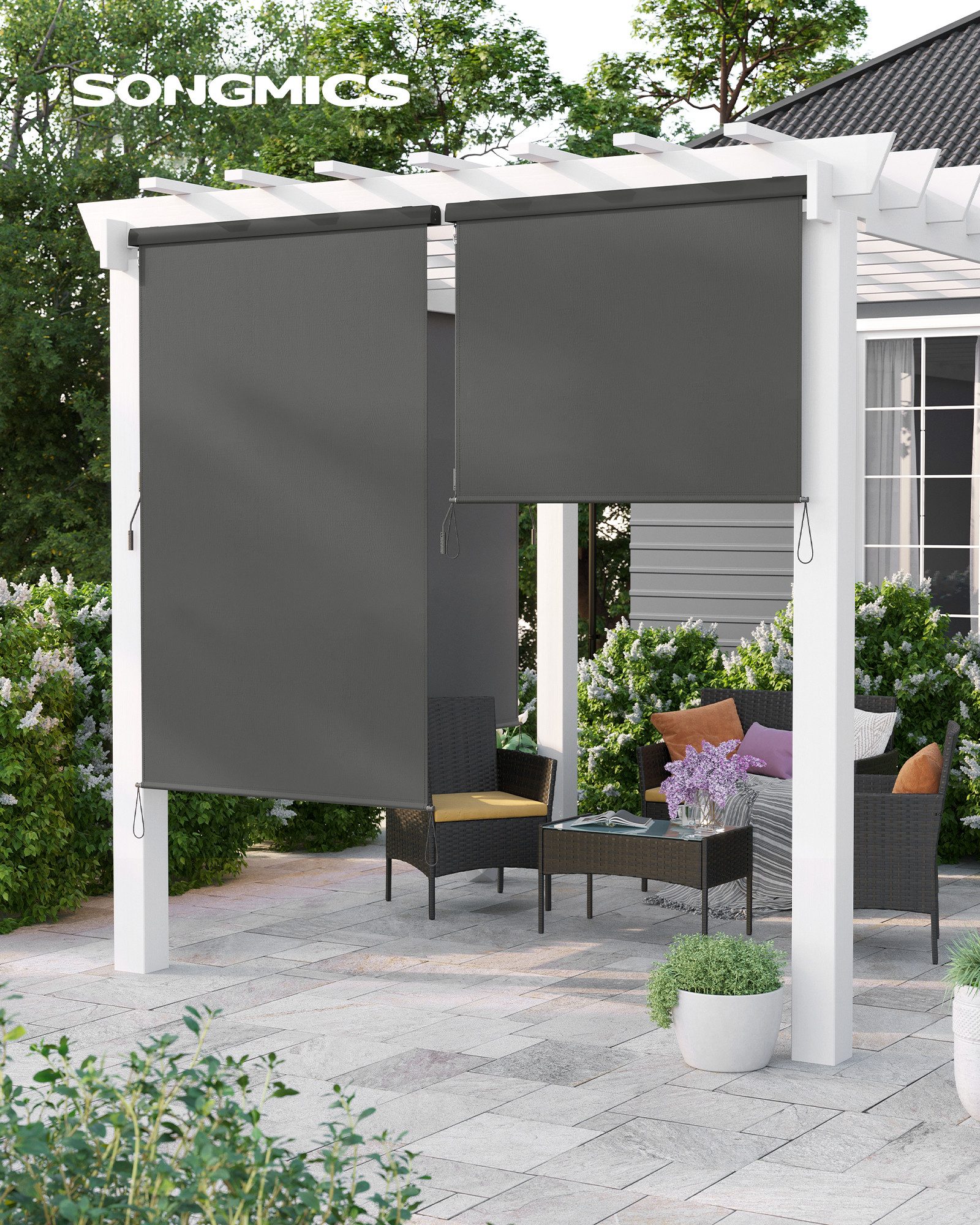 SONGMICS Seitenmarkise Senkrechtmarkise, ausziehbar, Vertikalmarkise mit Markisenkasten (inkl. Zubehörpaket & Anleitung) Schutz vor Sonne und Wind, Sichtschutz, 1,4 X 2,5 m (L x B)