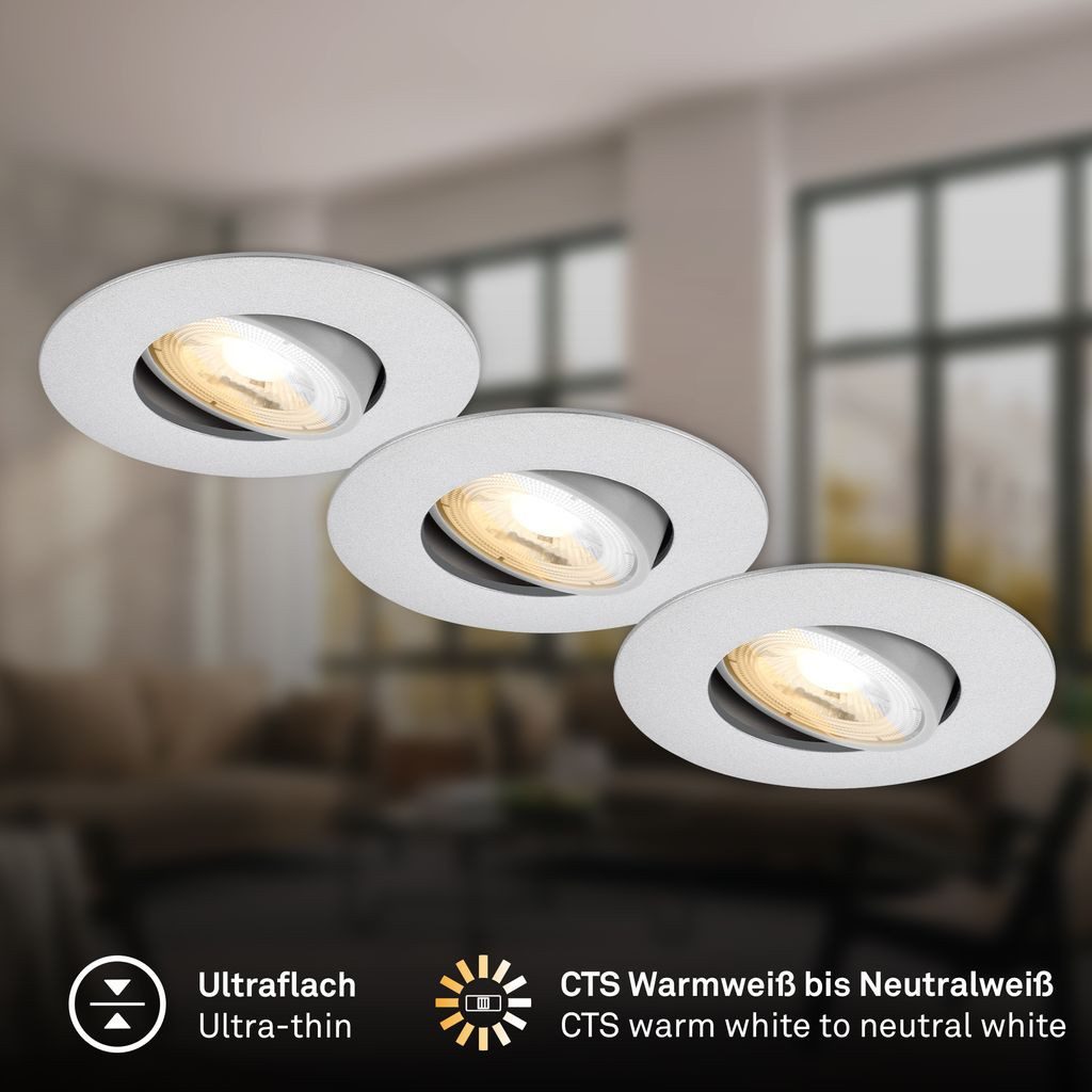 Briloner Leuchten LED Einbaustrahler LED Einbaustrahler 3er Set Schwenkbar CCT, LED fest integriert, 4000K - Neutralweiß, 2700K - Extra-Warmweiß, 3000K - Warmweiß, 90x24 mm, Wohnzimmer, Flur
