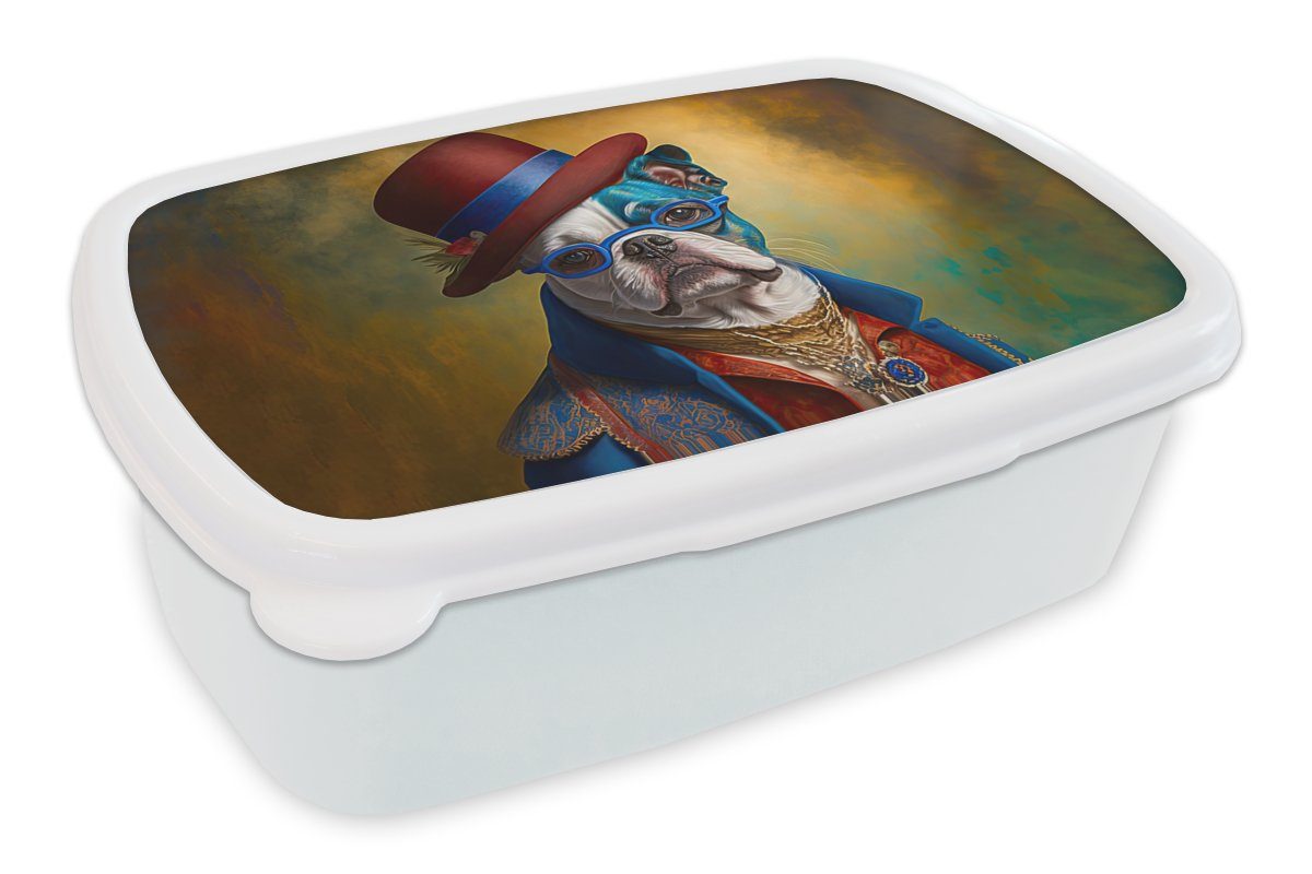 MuchoWow Lunchbox Hund - Porträt - Kleidung - Hut - Abstrakt, Kunststoff, (2-tlg), Brotbox für Kinder und Erwachsene, Brotdose, für Jungs und Mädchen weiß
