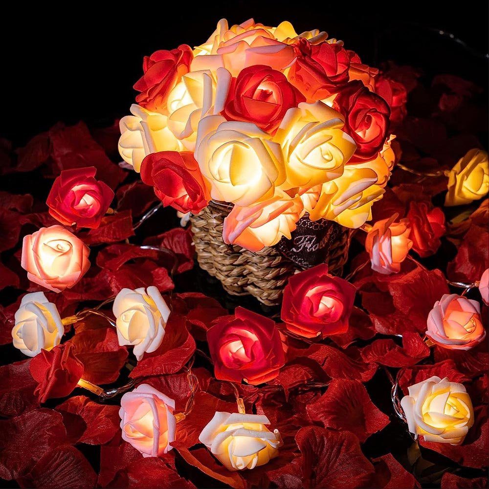 MUPOO LED-Lichterkette LED Nachtlicht 3M 20LEDs Girlande,Kunstblume Rose Warmweiß,Batterie, für Party Garten Weihnachten,Blumengirlande Rose,LED Dekolicht Rosa Weiß Rot