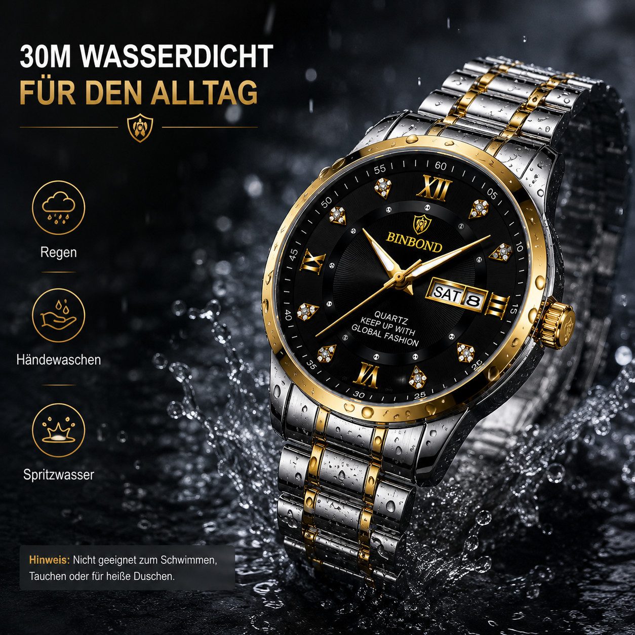 Toomoke Quarzuhr Herrenuhr Chronograph, Analoguhr Herren, Edelstahl Armbanduhr, (Business Uhr Herren, Armbanduhr mit Datum, Wochentag, Leuchtzeigern), Chronogra – Bild 5 von 5