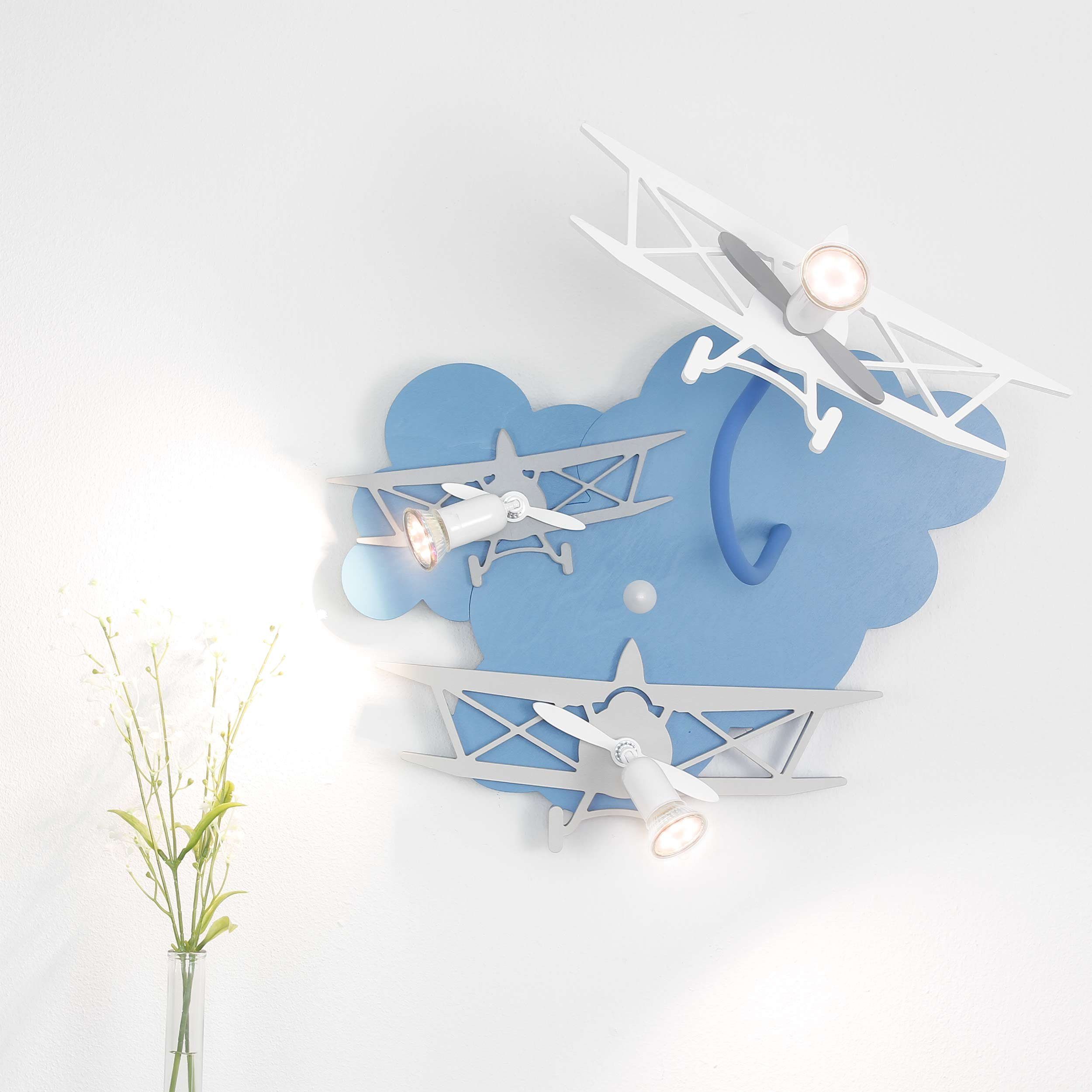 Licht-Erlebnisse Wandstrahler PLANE, ohne Leuchtmittel, Wandlampe Kinderzimmer Flugzeug Blau Holz Kunststoff Jungen Lampe