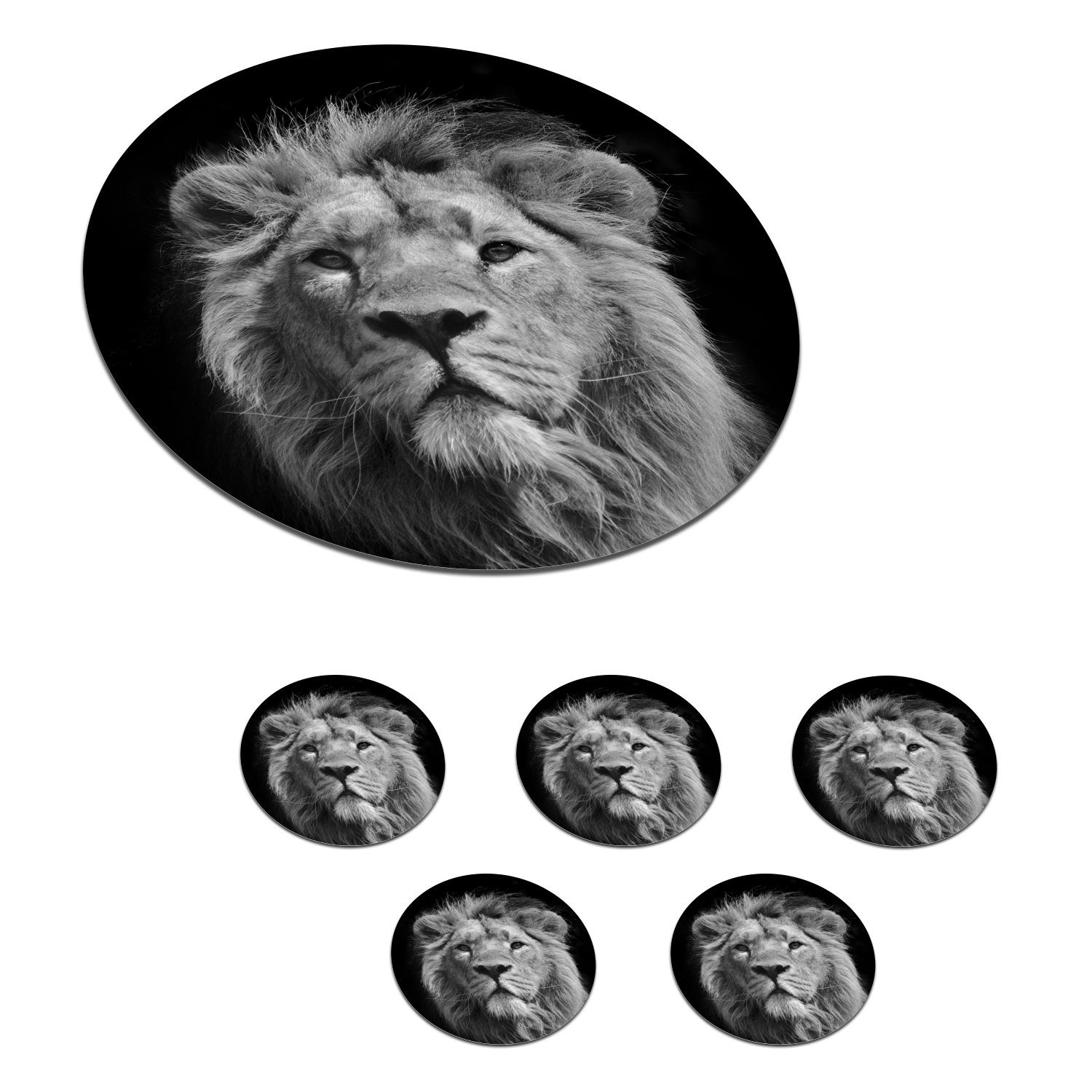 MuchoWow Glasuntersetzer Asiatischer Löwe vor schwarzem Hintergrund in Schwarz und Weiß, Zubehör für Gläser, 6-tlg., Getränkeuntersetzer, Tassenuntersetzer, Korkuntersetzer, Tasse, Becher