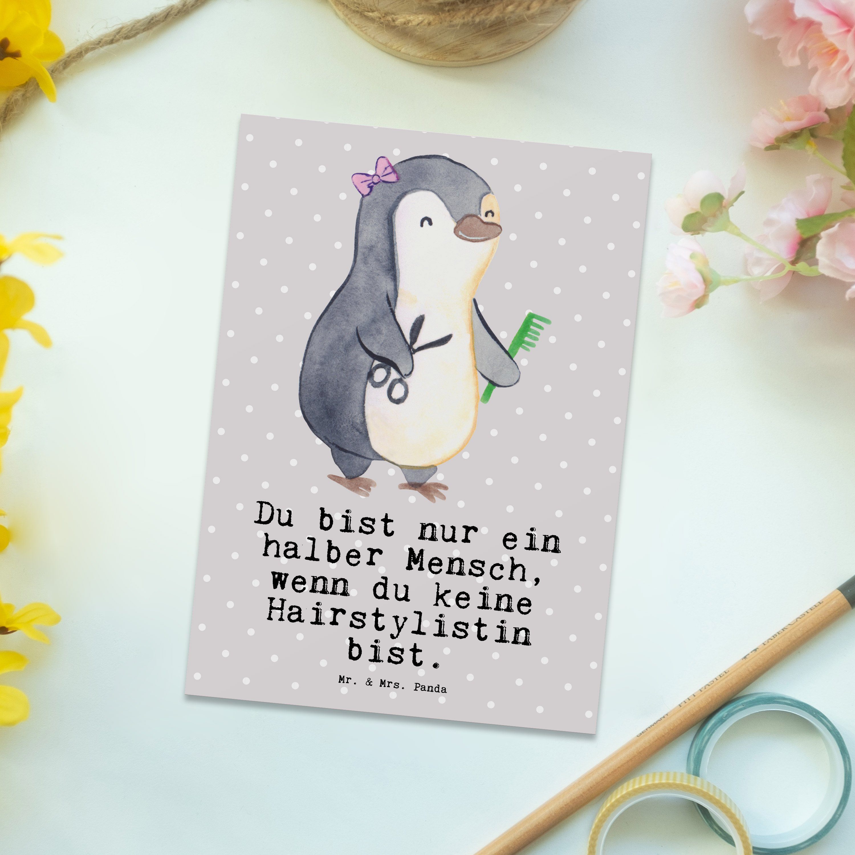 Postkarte mit Panda Pastell Geschenk, - Hairstylistin Geschenkkarte, Dank - Grau Herz & Mrs. Mr.