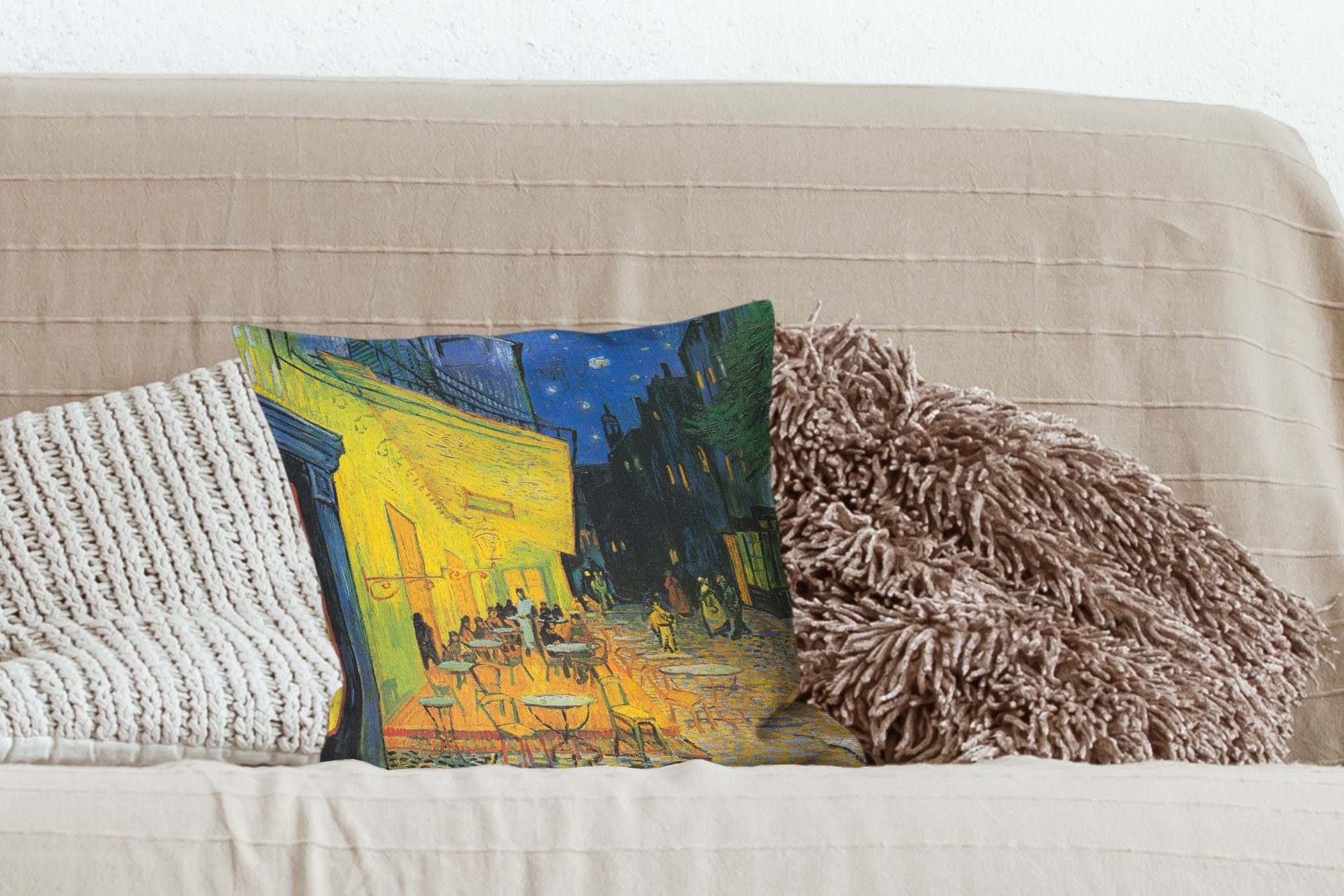 MuchoWow van Schlafzimmer, Nacht von mit Sofakissen für Gemälde Gogh, Caféterrasse Vincent - Wohzimmer, Füllung Zierkissen bei Deko, Dekokissen